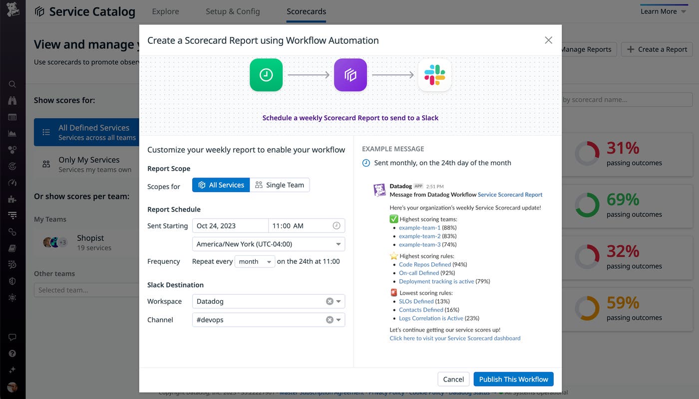 Workflow Automation shows a new Scorecard report that will be sent on the 24th of each month. Workflow Automation shows a new Scorecard report that will be sent on the 24th of each month.