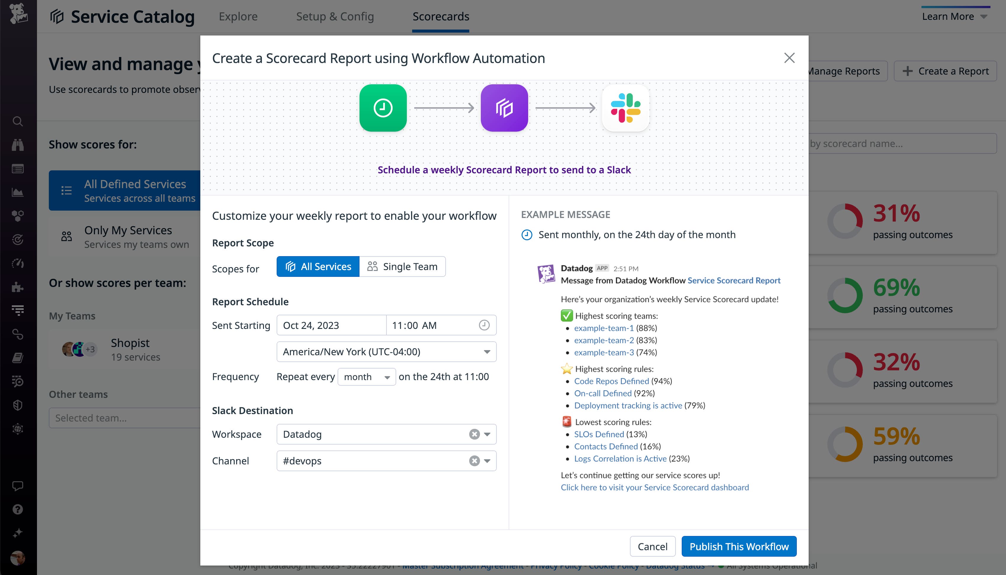 Workflow Automation shows a new Scorecard report that will be sent on the 24th of each month. Workflow Automation shows a new Scorecard report that will be sent on the 24th of each month.