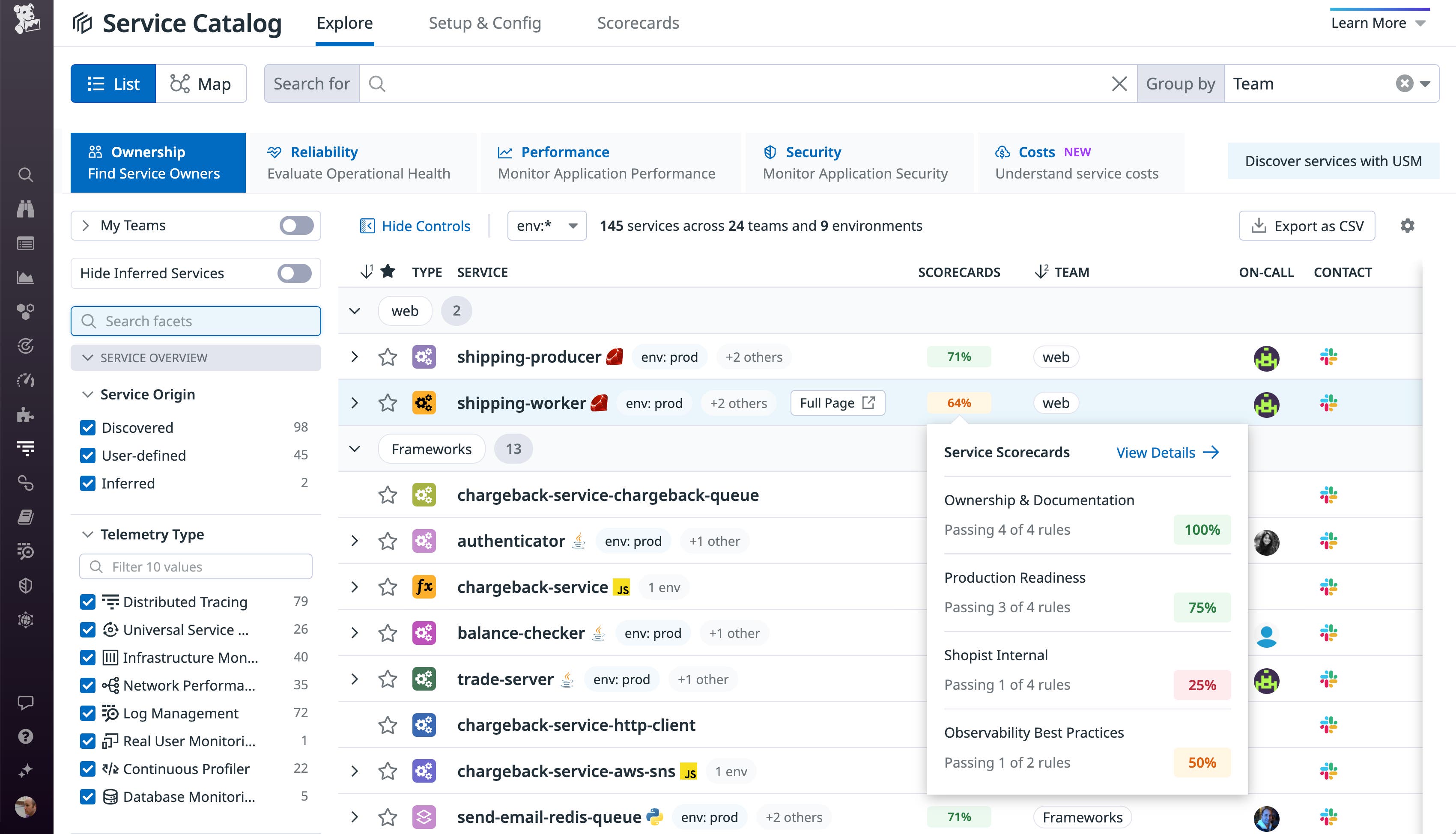 The Software Catalog shows the percentage of rules each service has passed. The Software Catalog shows the percentage of rules each service has passed.