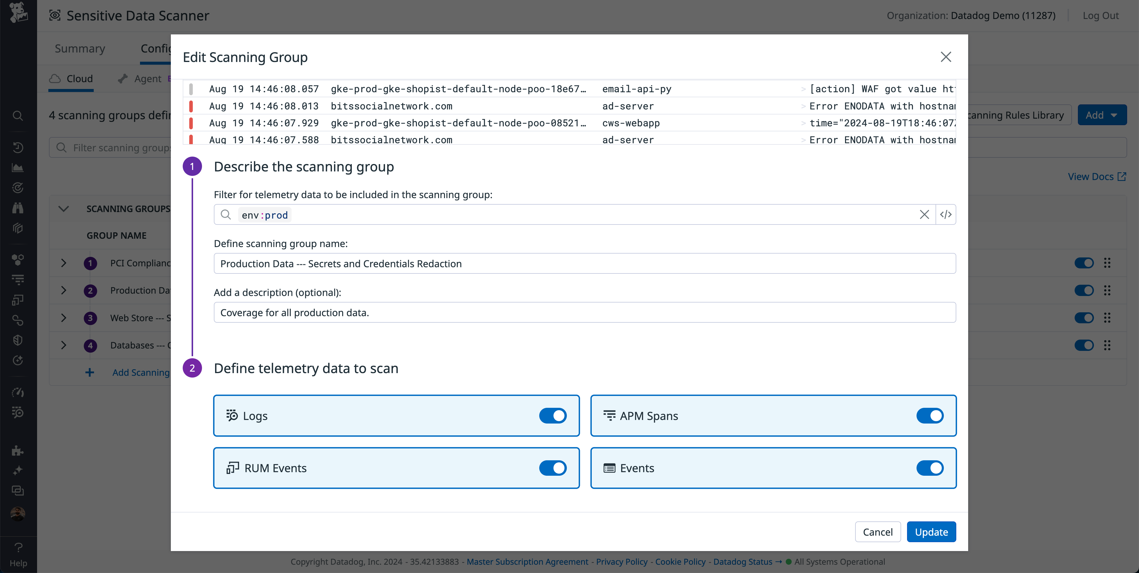 Edit Scanning Group page with settings to scan the production environment for all logs, APM spans, RUM events, and custom events.