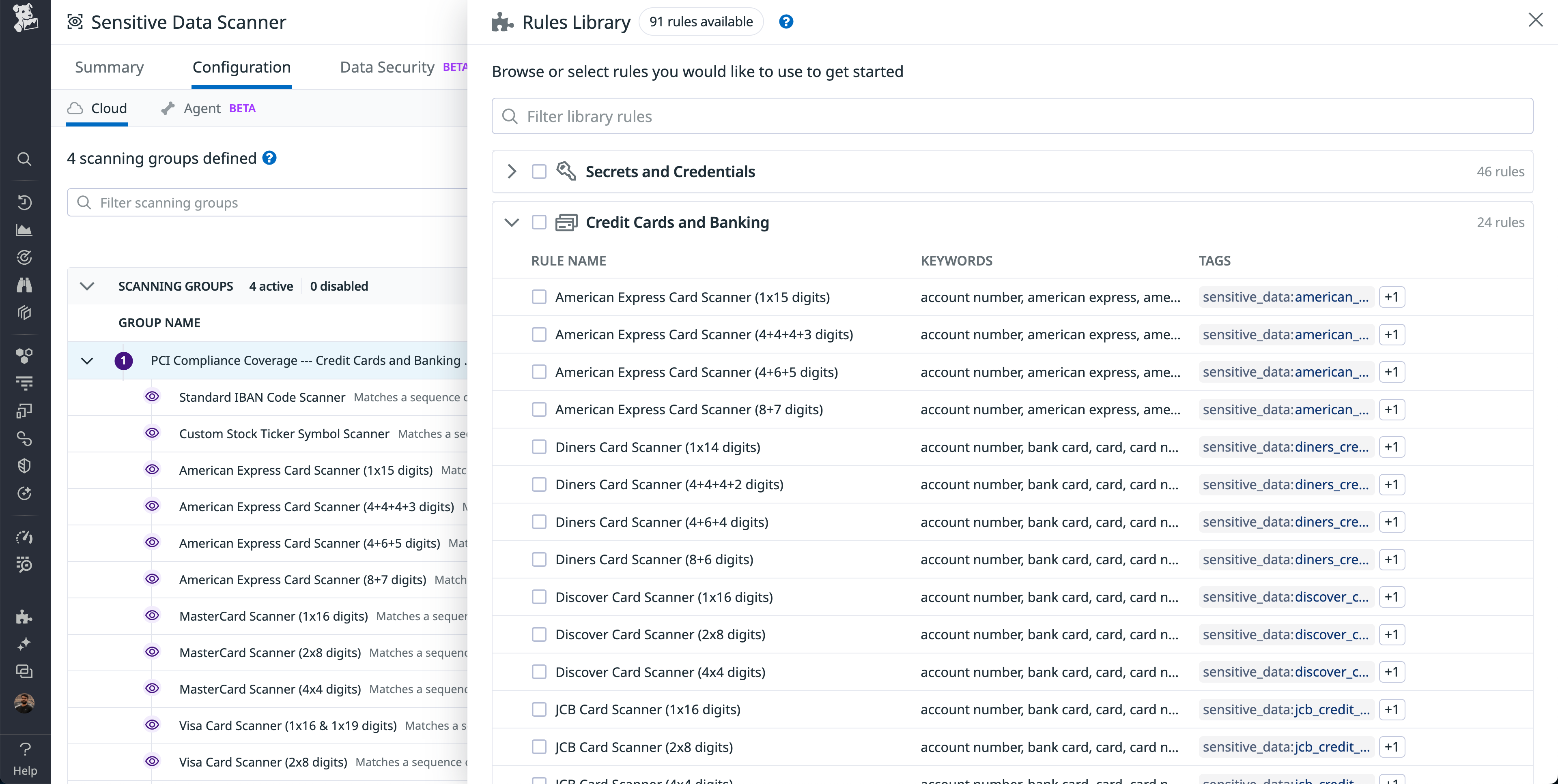 The Sensitive Data Scanner Rules Library showing scanning rules organized by scanning group.