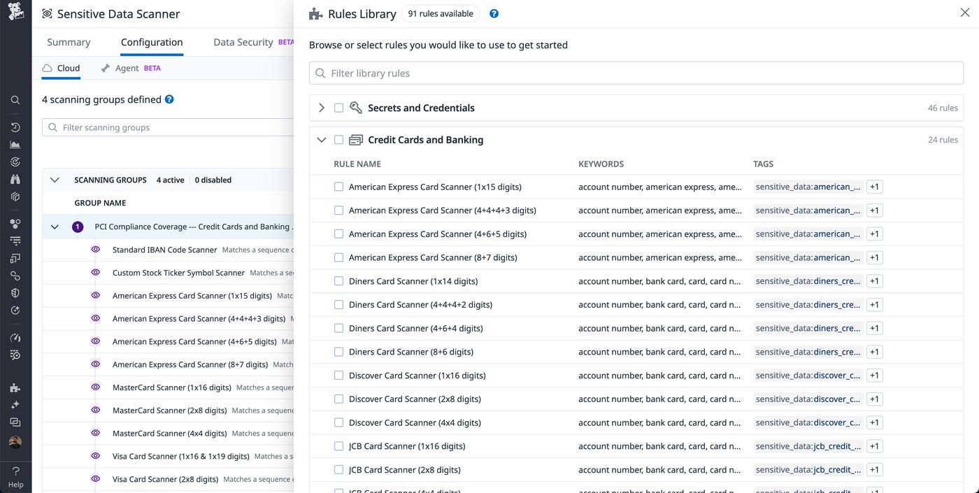 The Sensitive Data Scanner Rules Library showing scanning rules organized by scanning group. The Sensitive Data Scanner Rules Library showing scanning rules organized by scanning group.