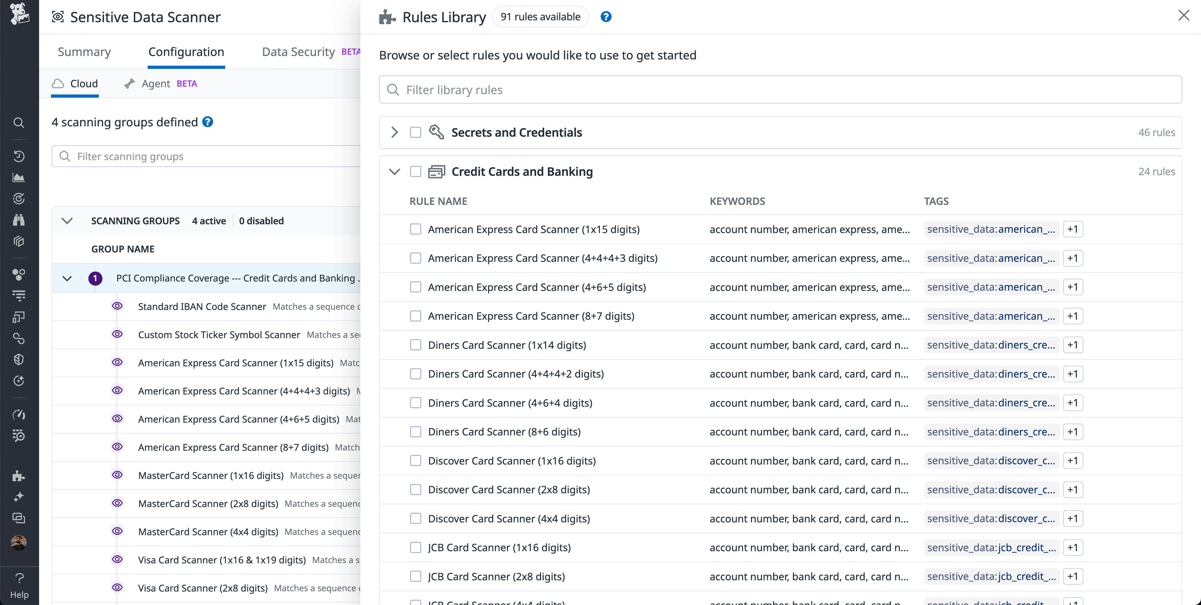 The Sensitive Data Scanner Rules Library showing scanning rules organized by scanning group. The Sensitive Data Scanner Rules Library showing scanning rules organized by scanning group.