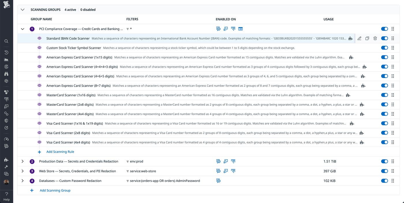 Scanning Groups page showing rules within default and custom rule categories. Scanning Groups page showing rules within default and custom rule categories.