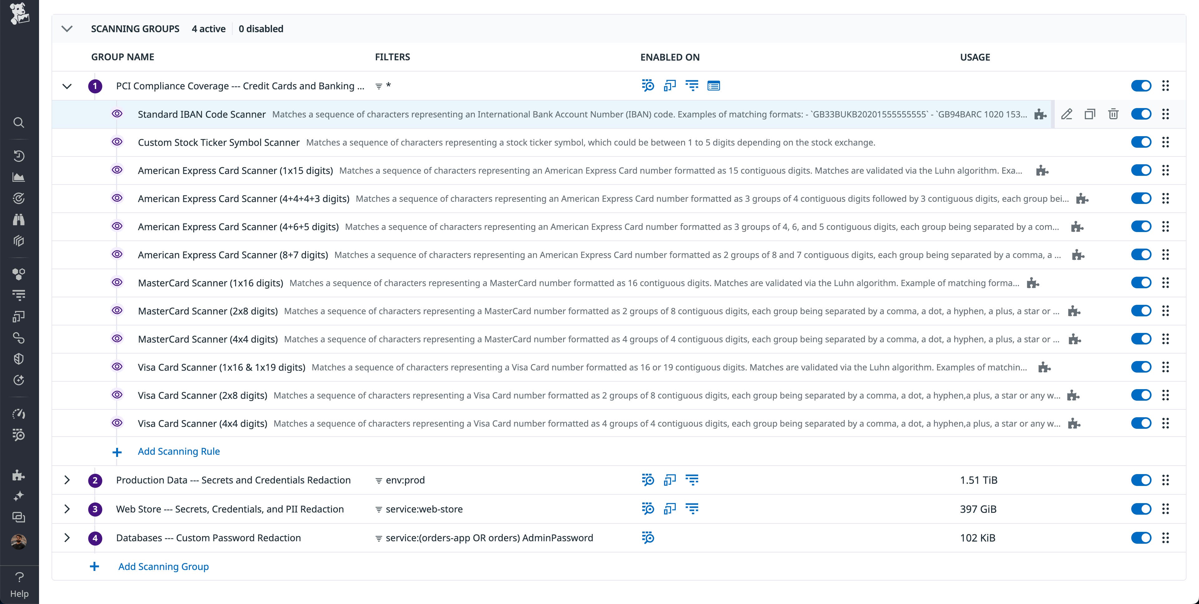 Scanning Groups page showing rules within default and custom rule categories. Scanning Groups page showing rules within default and custom rule categories.