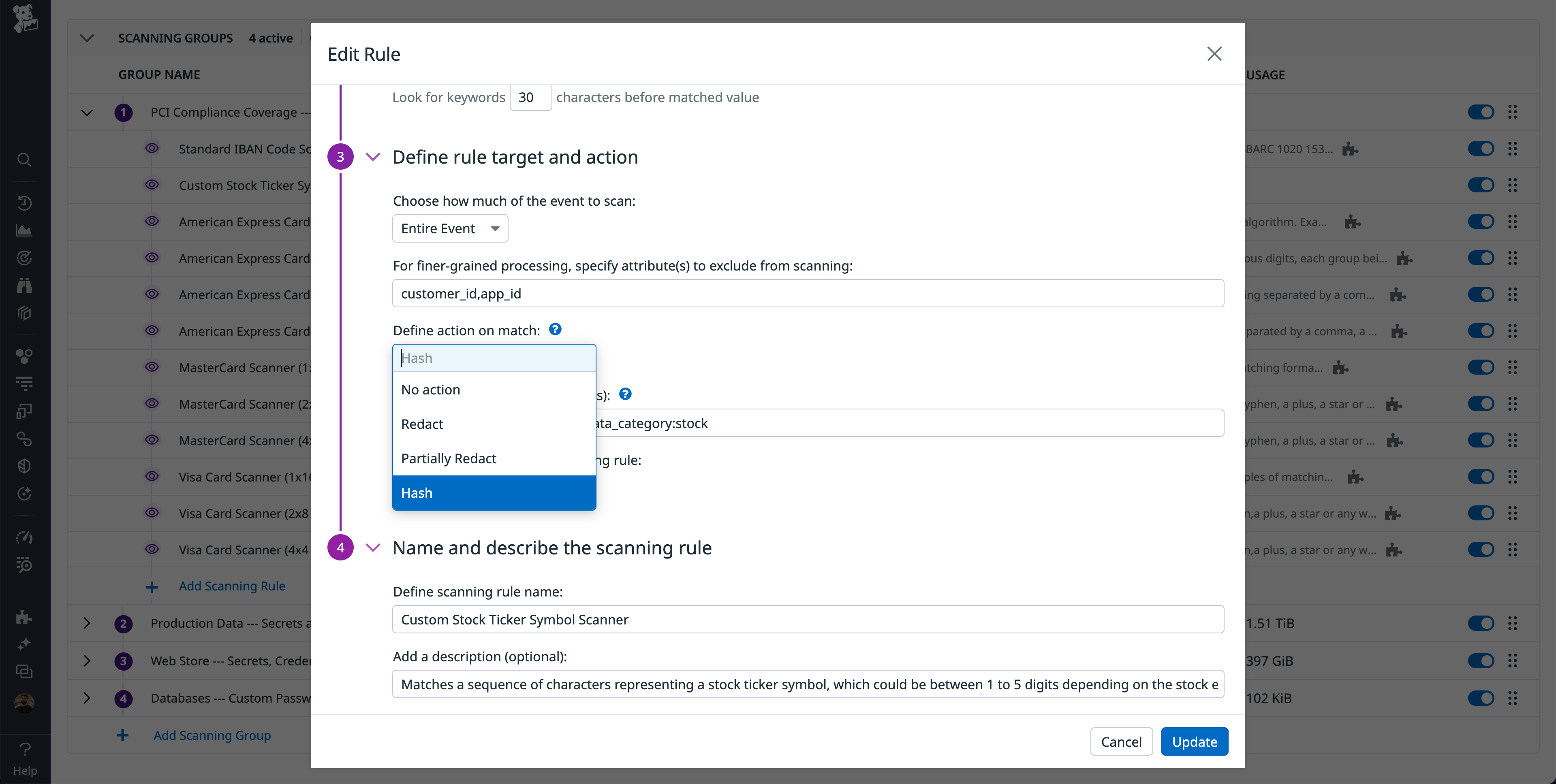 Defining the actions that Sensitive Data Scanner should take upon finding a match.