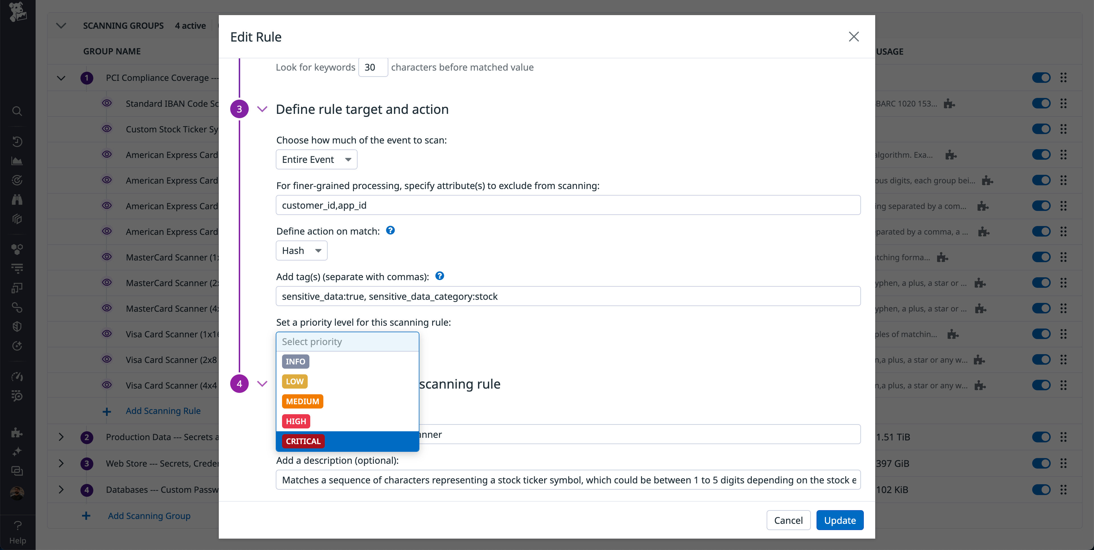 Setting a priority level for a rule.