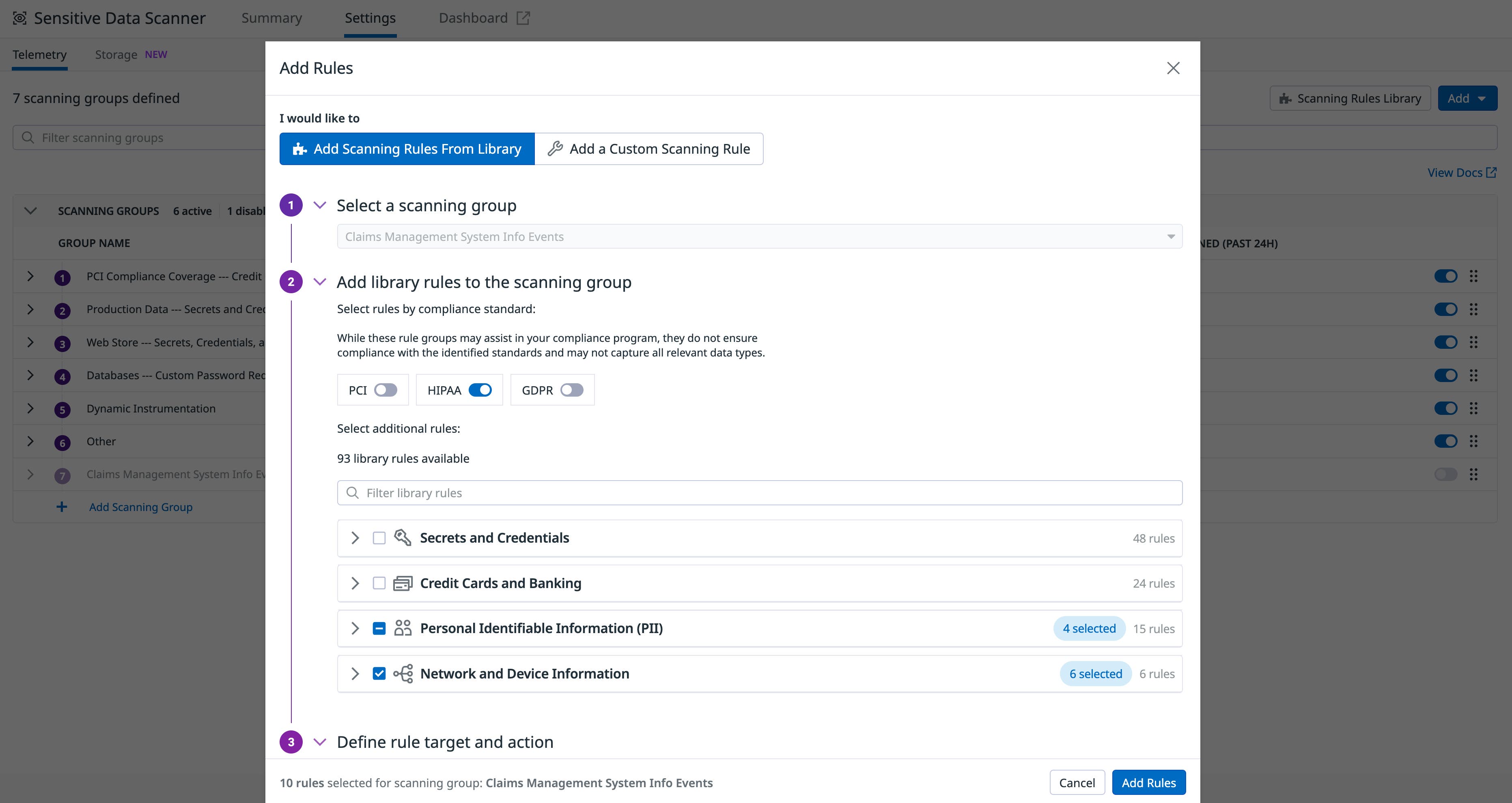 Adding detection rules to a scanning group in SDS. Adding detection rules to a scanning group in SDS.