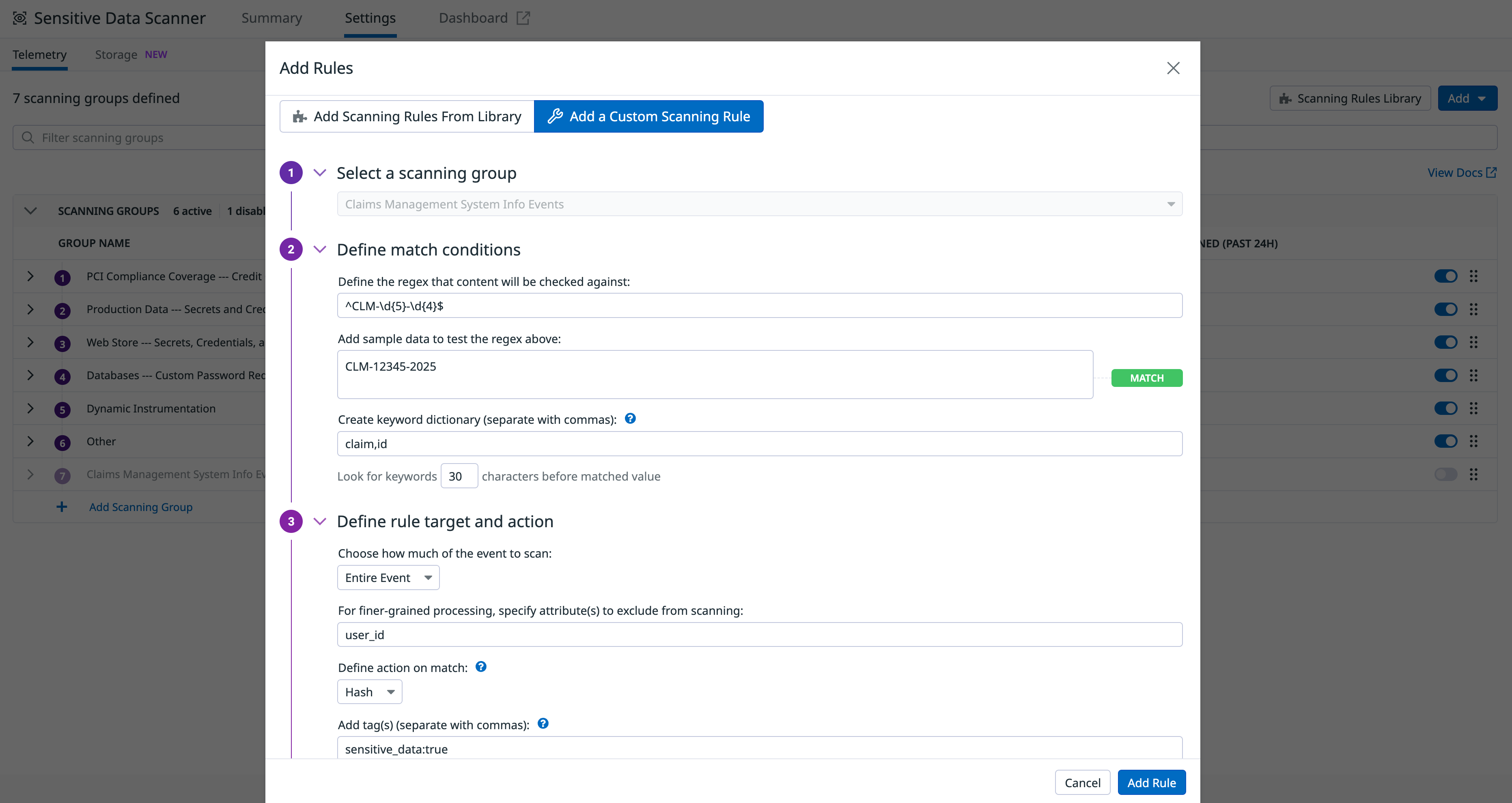 Adding a custom scanning rule in SDS.