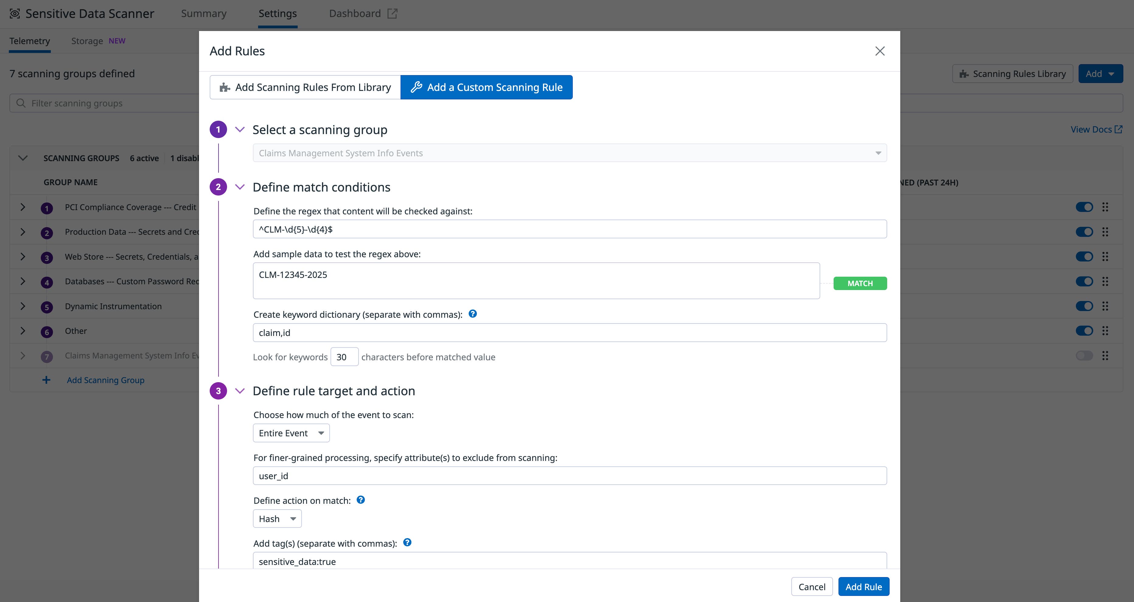 Adding a custom scanning rule in SDS. Adding a custom scanning rule in SDS.