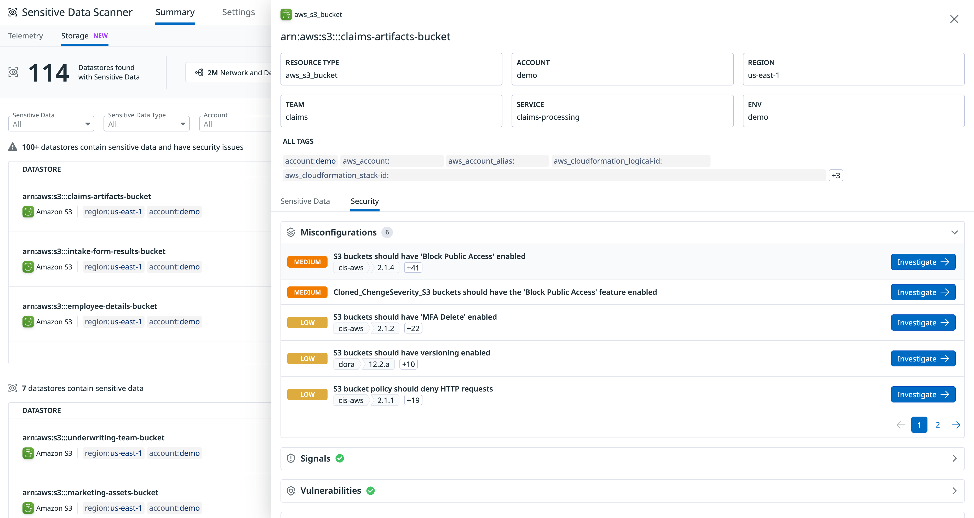 Cloud Security shows the security posture of S3 buckets.