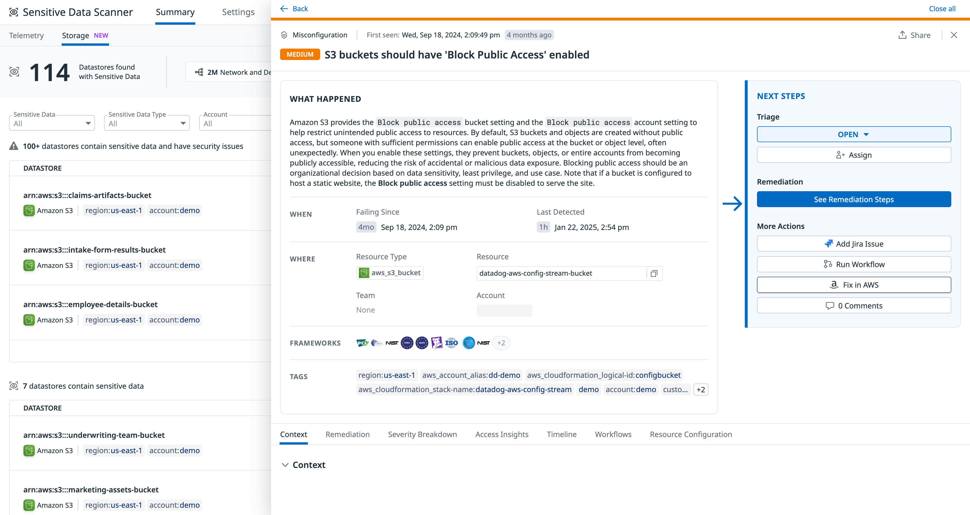 Details about a misconfiguration of an S3 bucket.