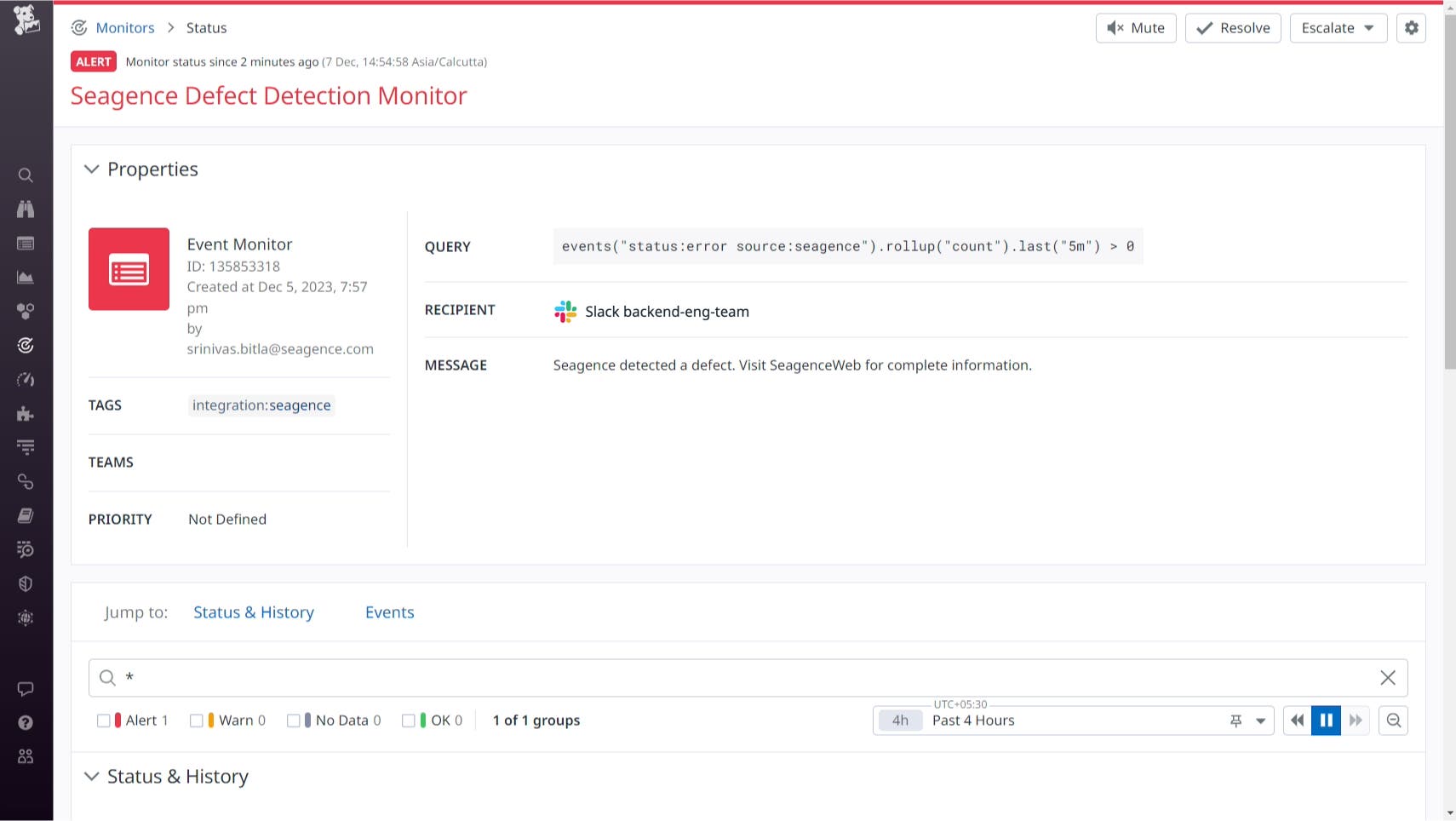 The Seagence integration includes an out-of-the-box monitor that can automatically notify you about Seagence's findings in real time. The Seagence integration includes an out-of-the-box monitor that can automatically notify you about Seagence's findings in real time.