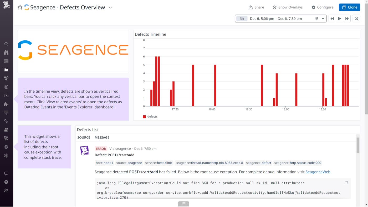 The out-of-the-box Seagence dashboard helps you visualize defects that have been detected in your Java applications. The out-of-the-box Seagence dashboard helps you visualize defects that have been detected in your Java applications.