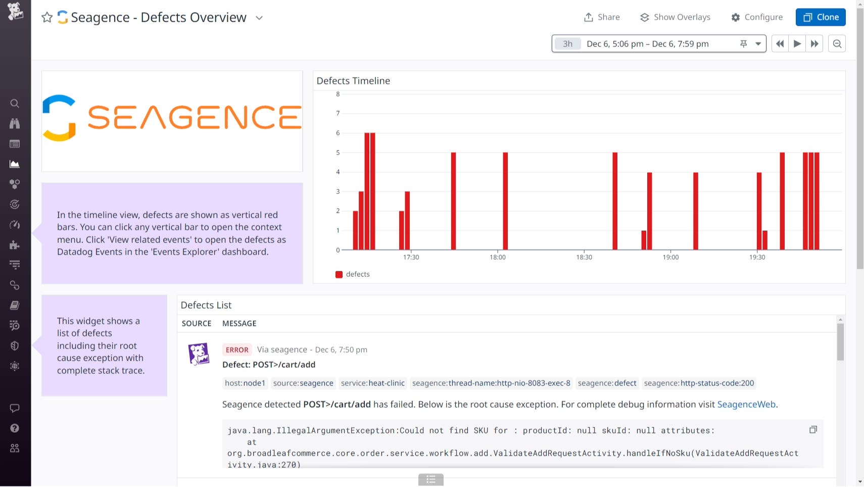 The out-of-the-box Seagence dashboard helps you visualize defects that have been detected in your Java applications. The out-of-the-box Seagence dashboard helps you visualize defects that have been detected in your Java applications.