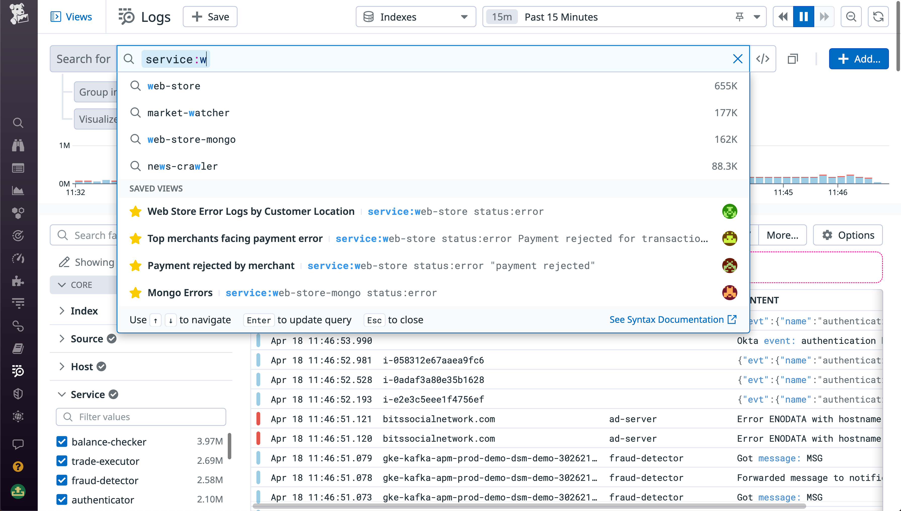 The Log Explorer query bar autocompletes your queries