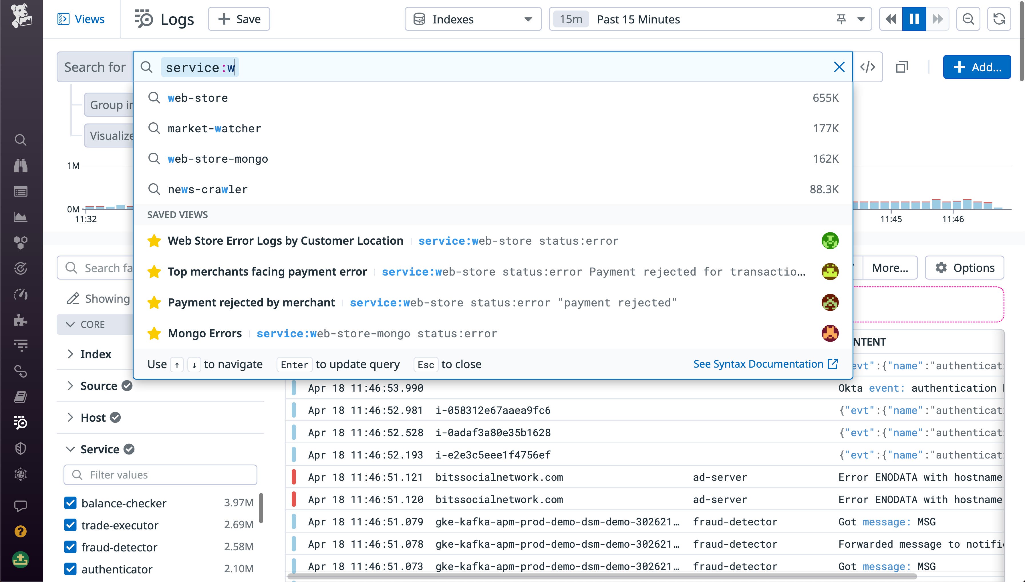 The Log Explorer query bar autocompletes your queries The Log Explorer query bar autocompletes your queries