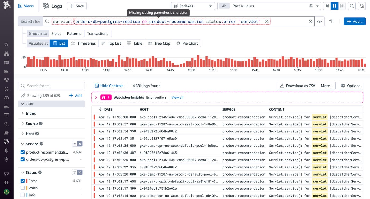The Log Explorer search bar's error treatemnt helps you spot syntax errors The Log Explorer search bar's error treatemnt helps you spot syntax errors
