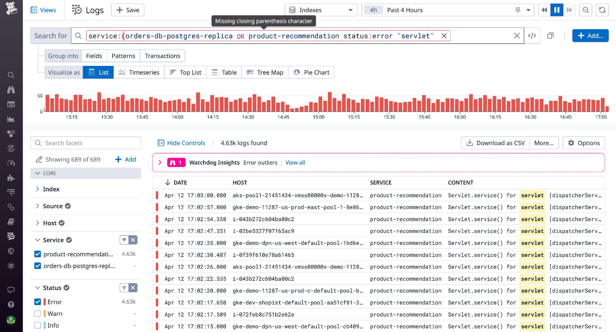 The Log Explorer search bar's error treatemnt helps you spot syntax errors The Log Explorer search bar's error treatemnt helps you spot syntax errors