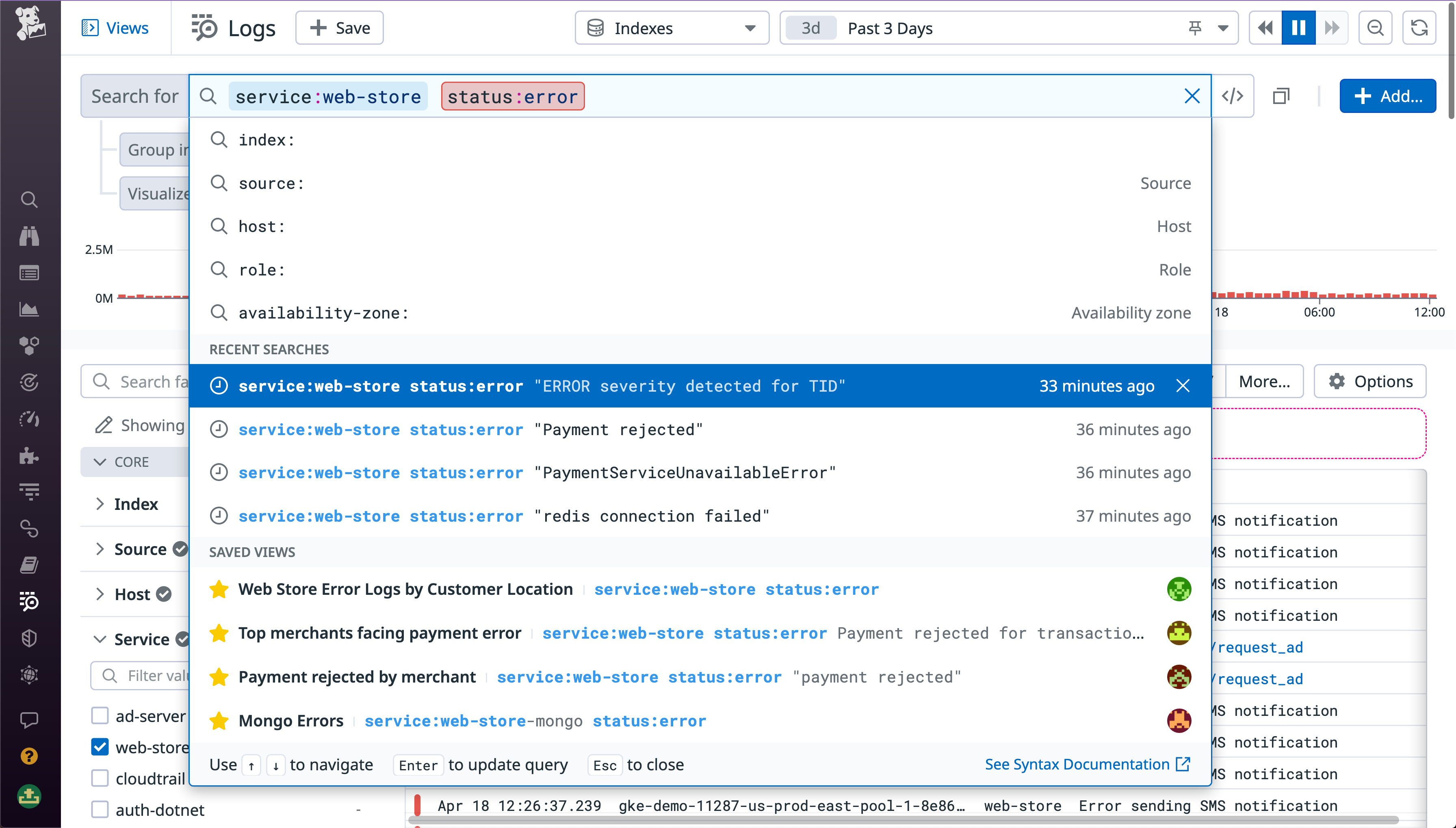 The Log Explorer query bar saves and shows recent searches