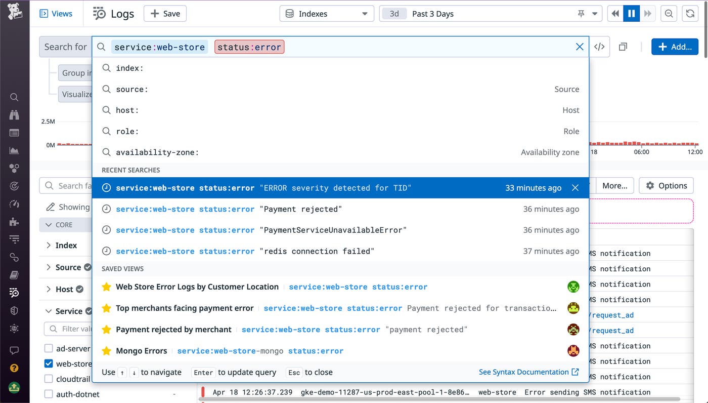 The Log Explorer query bar saves and shows recent searches The Log Explorer query bar saves and shows recent searches