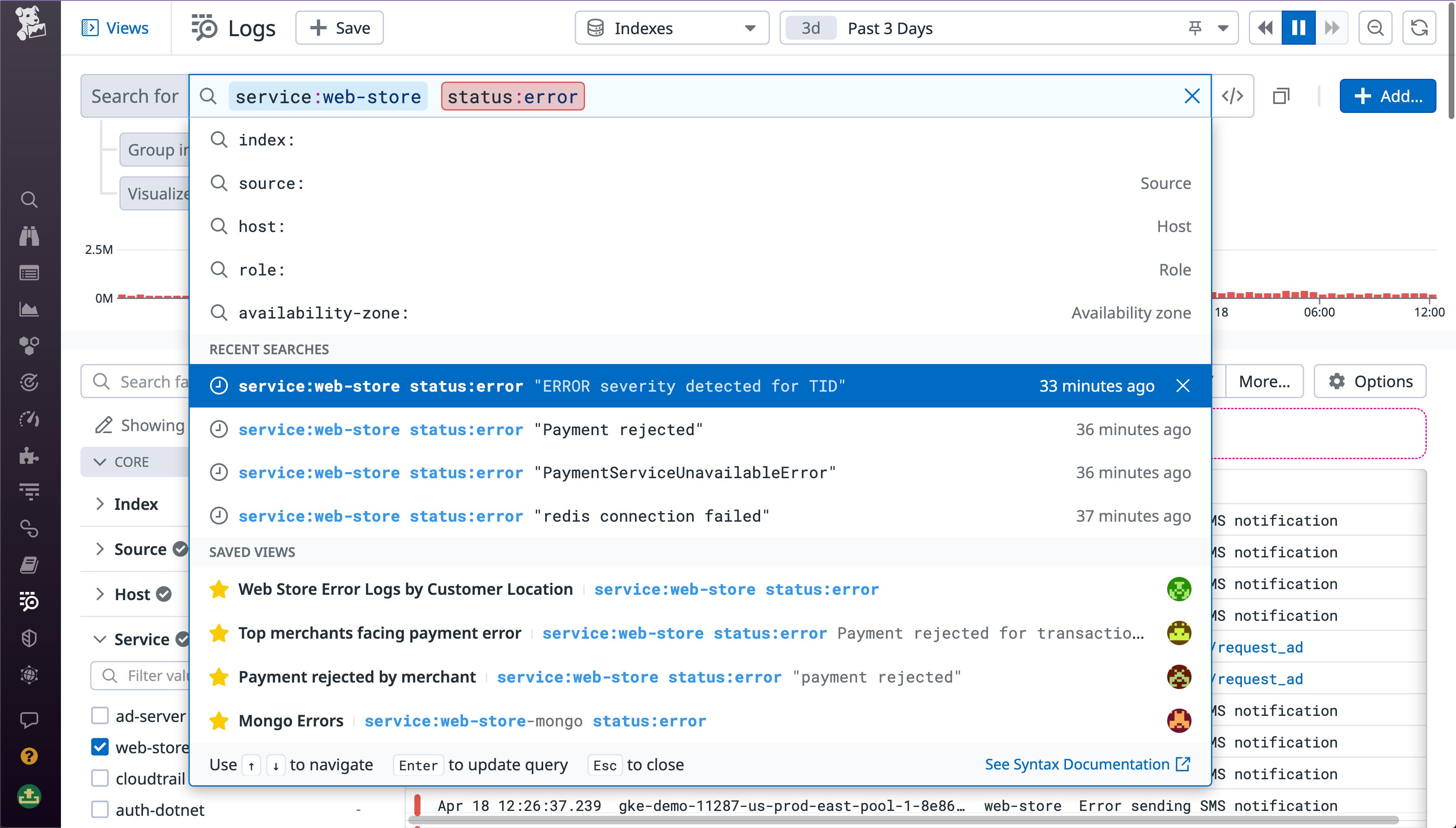 The Log Explorer query bar saves and shows recent searches The Log Explorer query bar saves and shows recent searches