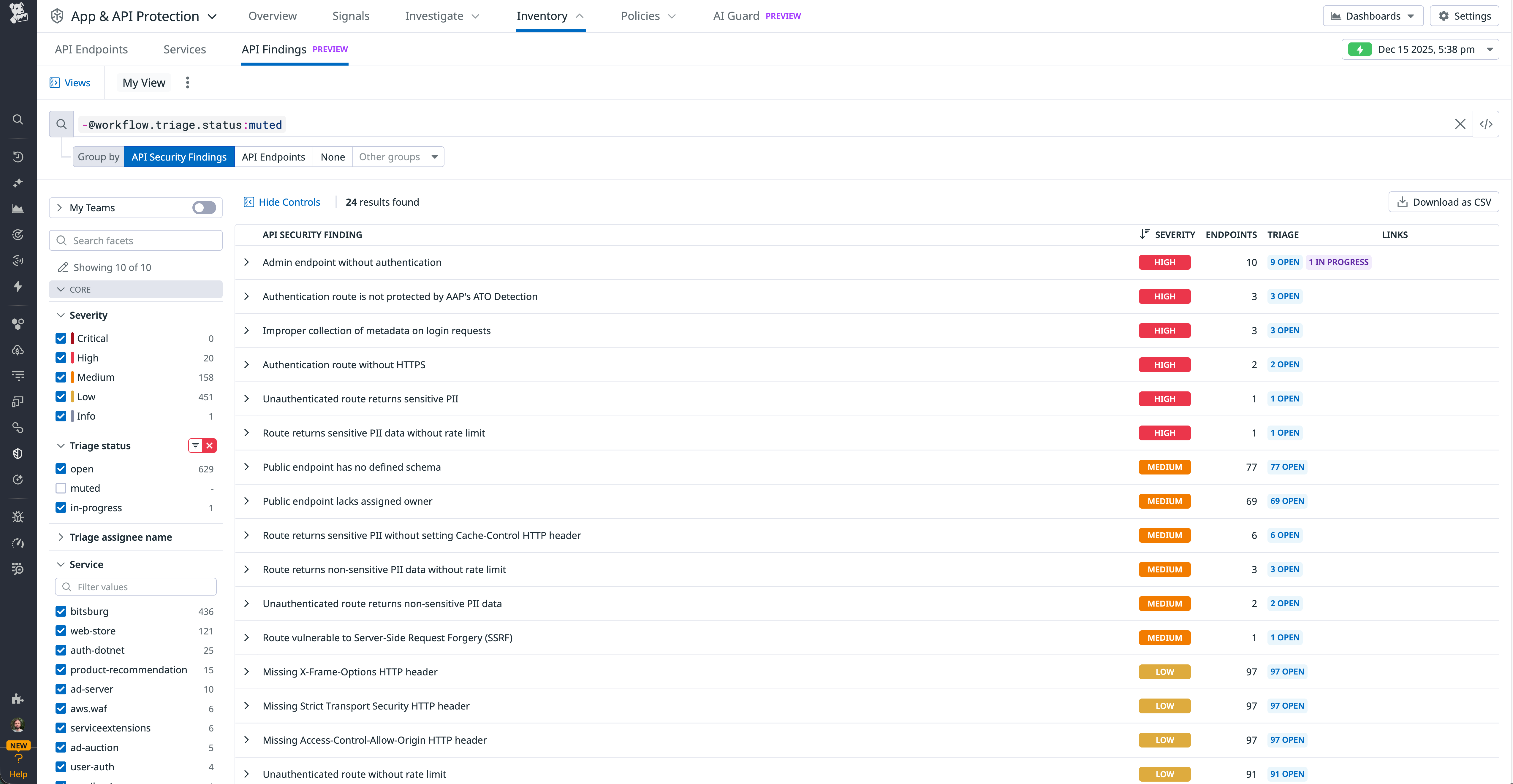 Datadog API Findings view showing a prioritized list of API security findings with severity, endpoint, and triage status.