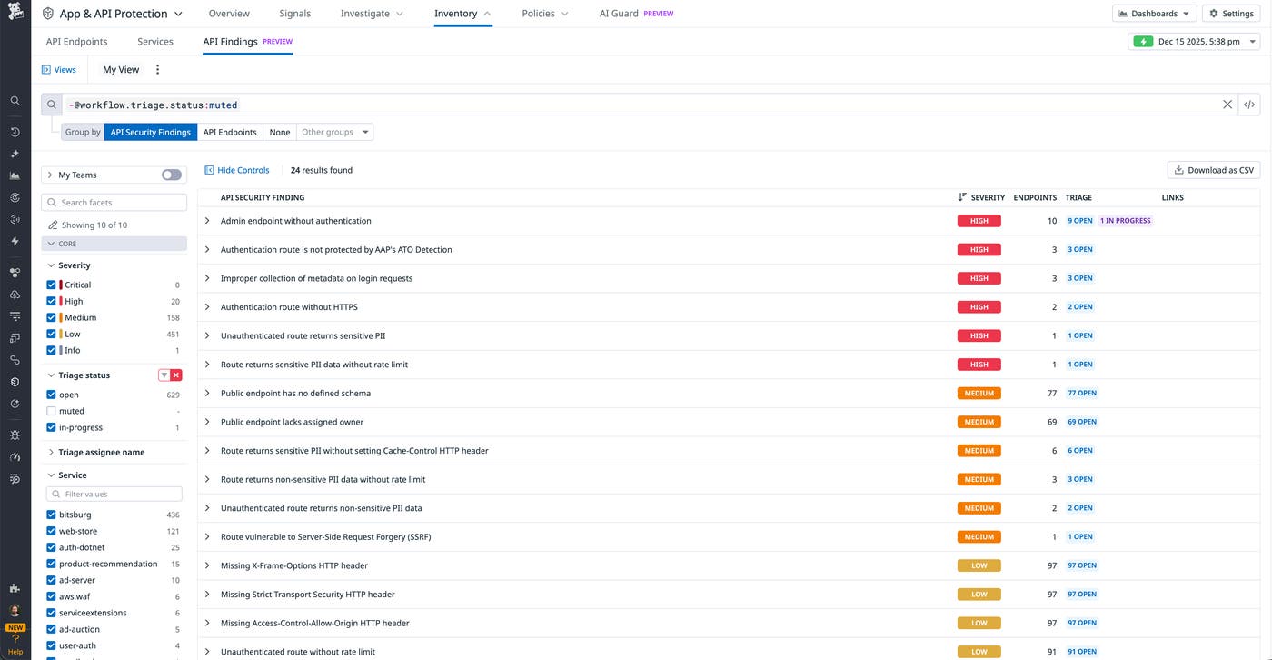 Datadog API Findings view showing a prioritized list of API security findings with severity, endpoint, and triage status. Datadog API Findings view showing a prioritized list of API security findings with severity, endpoint, and triage status.