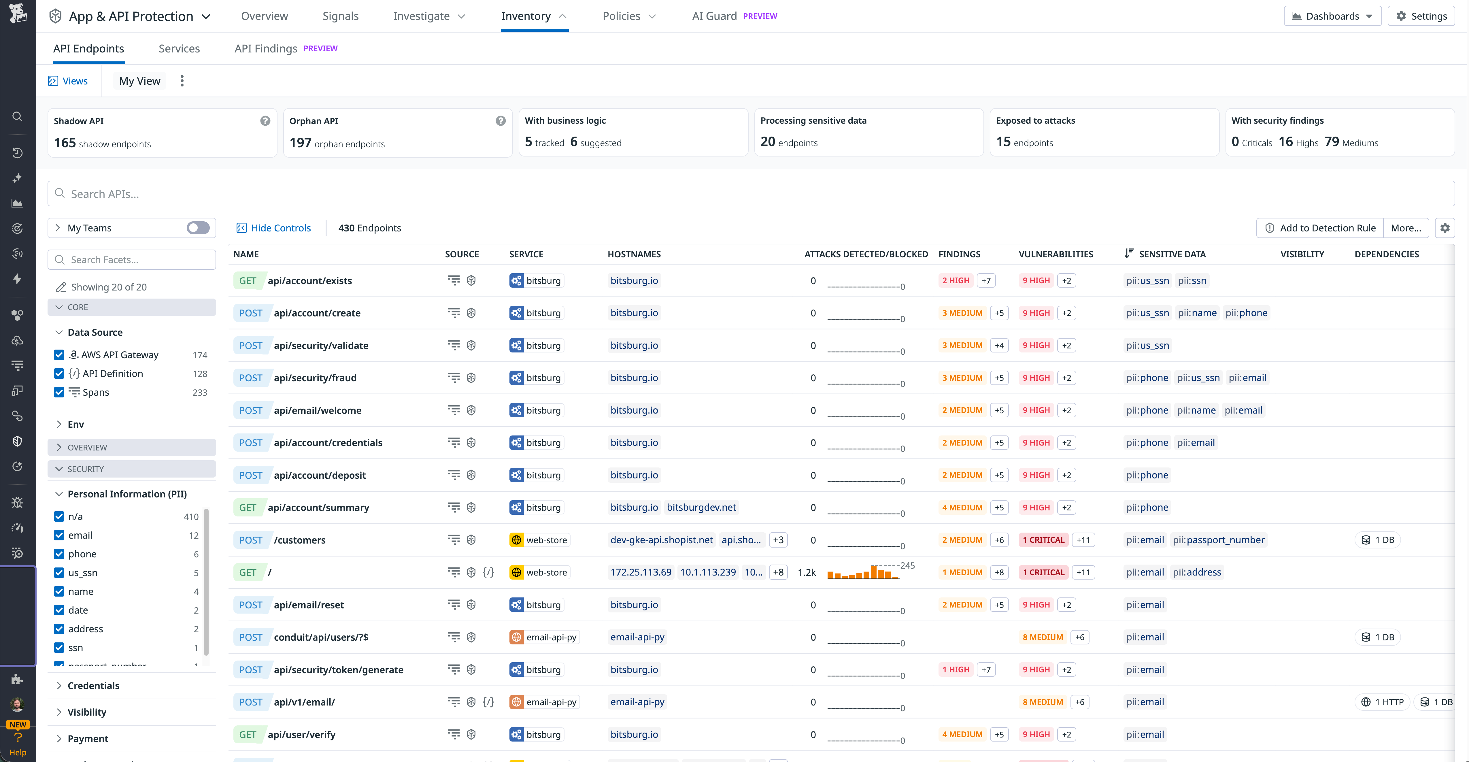 Datadog API Inventory view listing endpoints with source, service, sensitive data tags, and associated security findings.