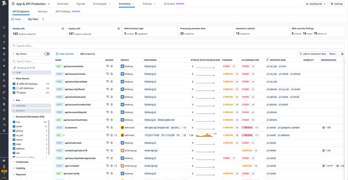 Datadog API Inventory view listing endpoints with source, service, sensitive data tags, and associated security findings. Datadog API Inventory view listing endpoints with source, service, sensitive data tags, and associated security findings.