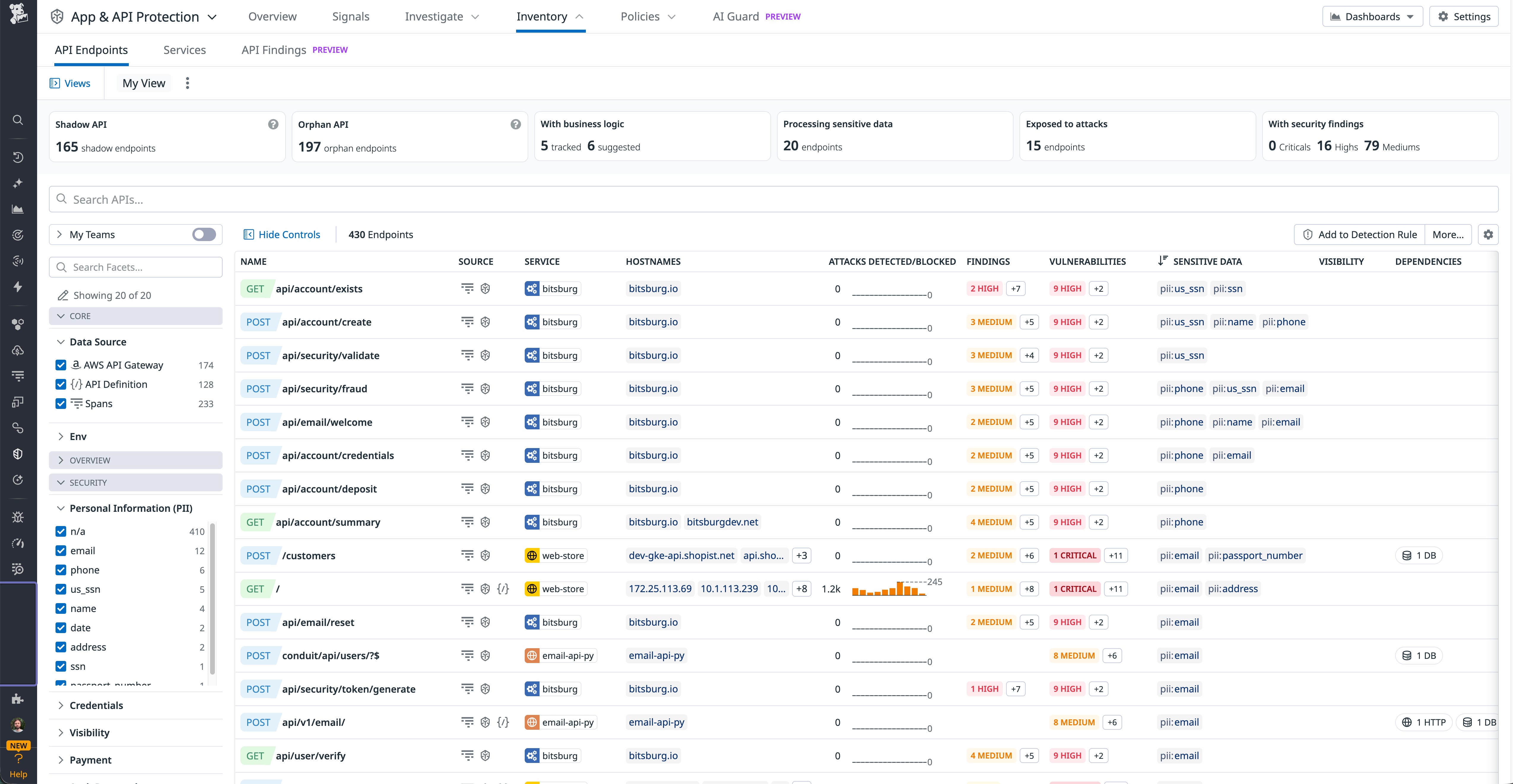 Datadog API Inventory view listing endpoints with source, service, sensitive data tags, and associated security findings. Datadog API Inventory view listing endpoints with source, service, sensitive data tags, and associated security findings.
