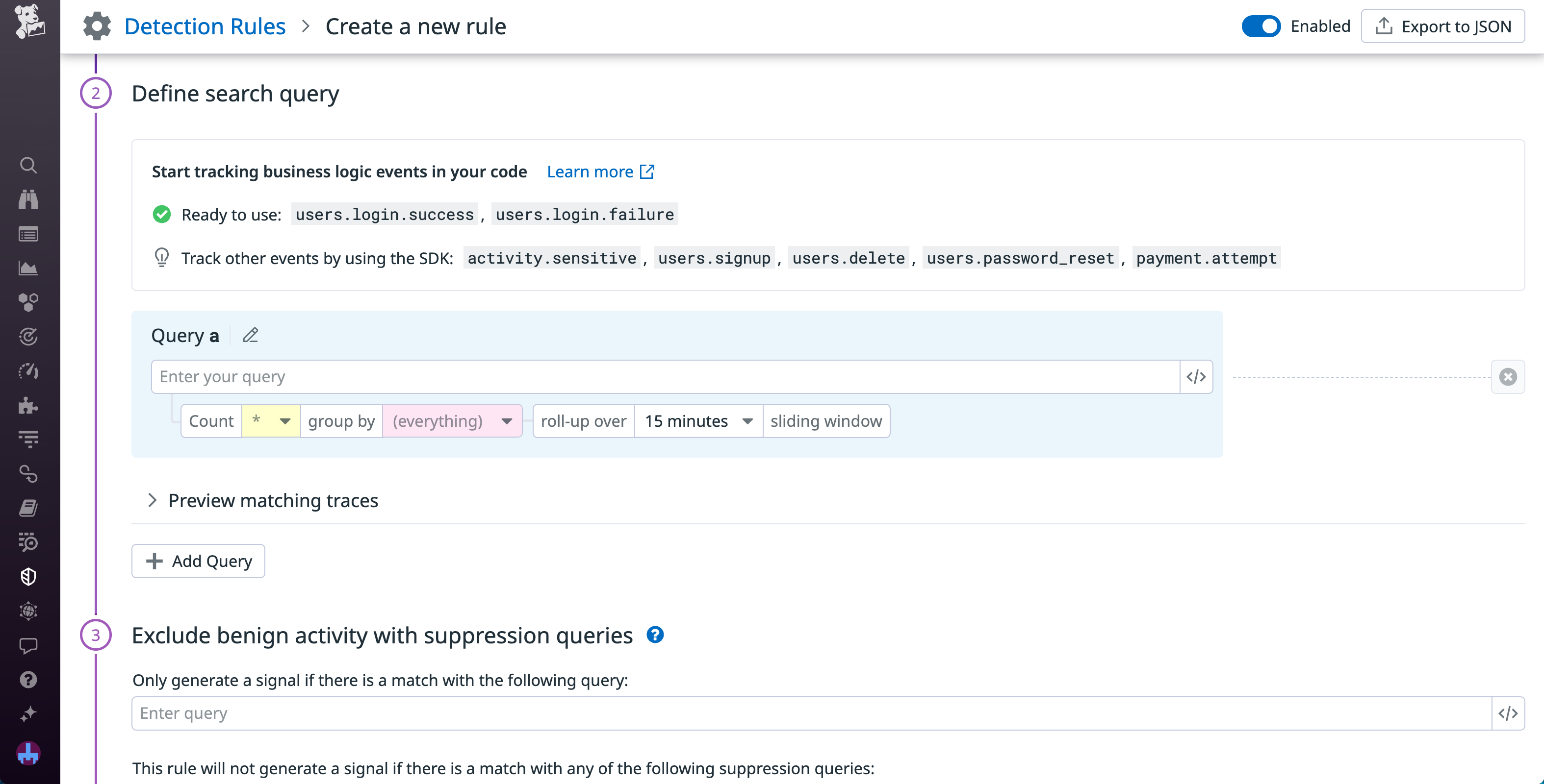 The Detection Rule creation window, including user monitoring SDK options.