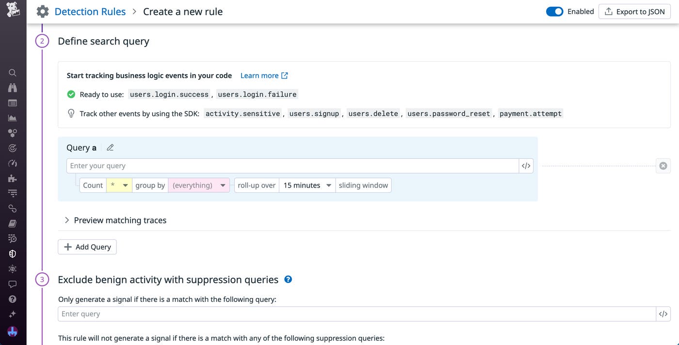 The Detection Rule creation window, including user monitoring SDK options. The Detection Rule creation window, including user monitoring SDK options.