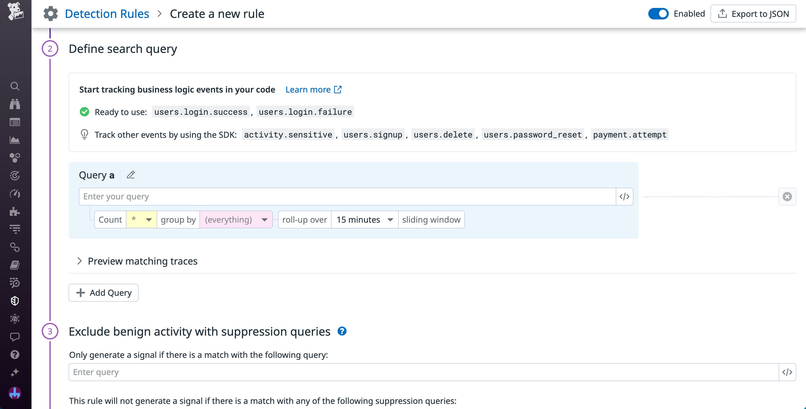 The Detection Rule creation window, including user monitoring SDK options. The Detection Rule creation window, including user monitoring SDK options.