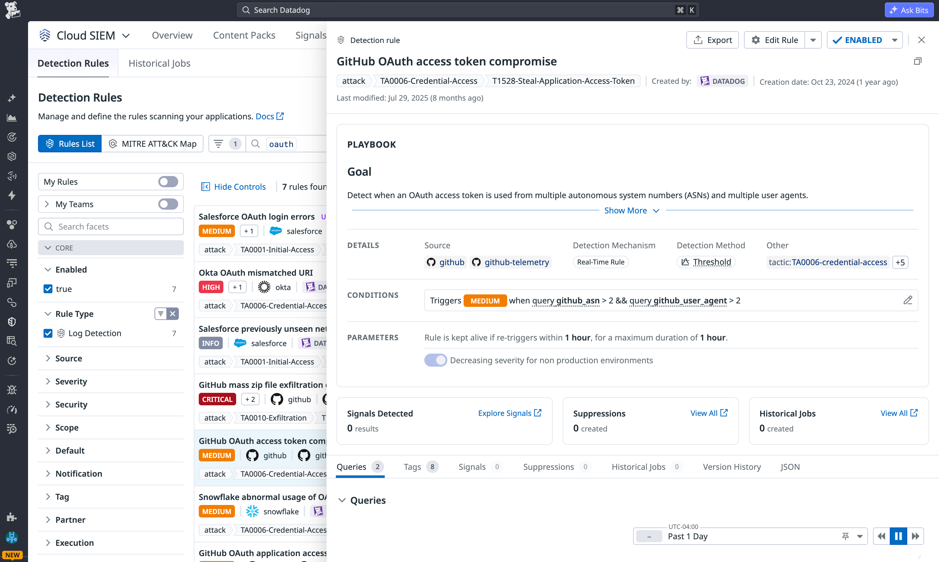 Datadog Cloud SIEM comes with OOTB detection rules that enable you to detet compromised OAuth access tokens.