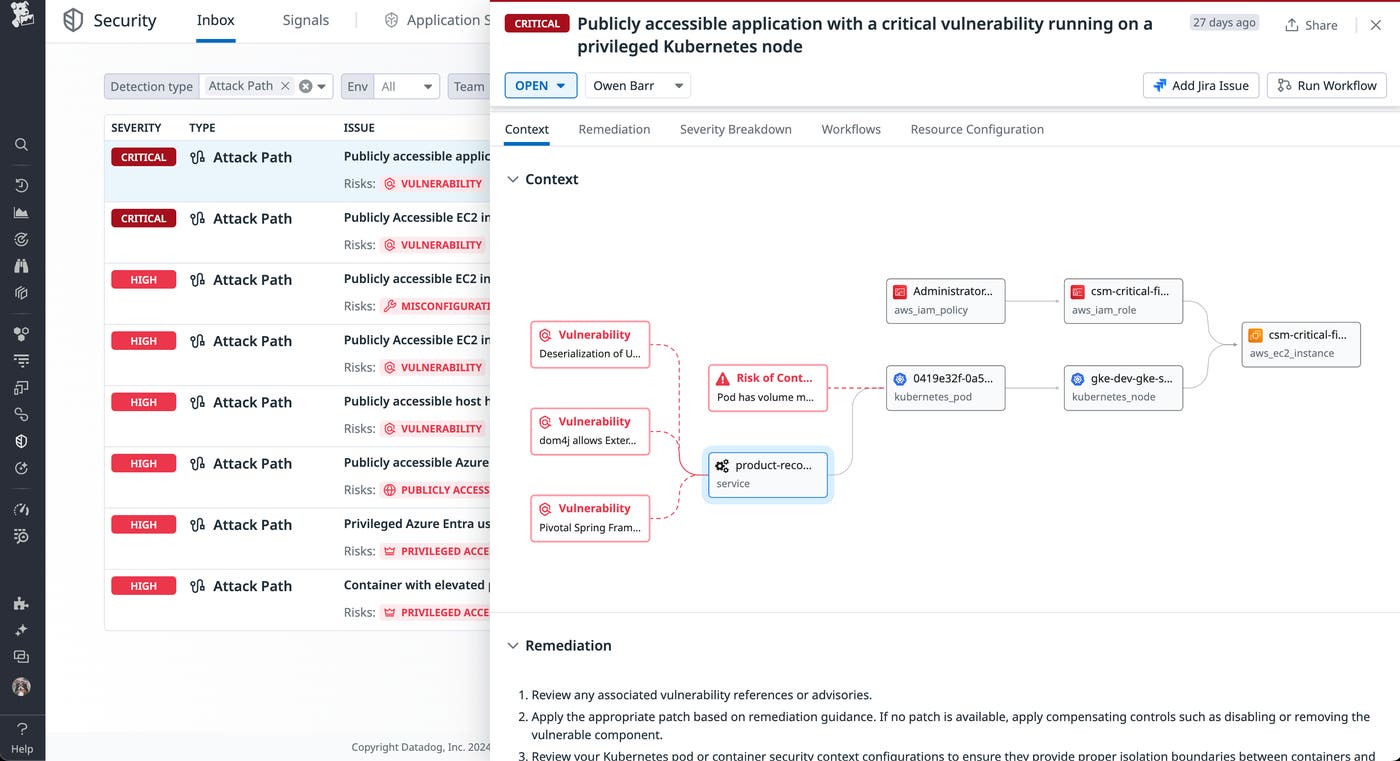 Datadog Security Inbox provides insights into the attack path Datadog Security Inbox provides insights into the attack path