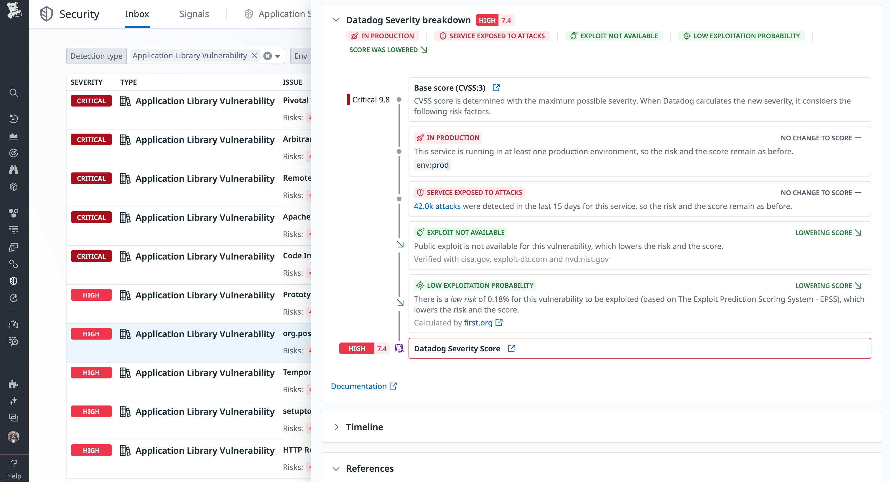 Datadog Security Inbox severity score breakdown