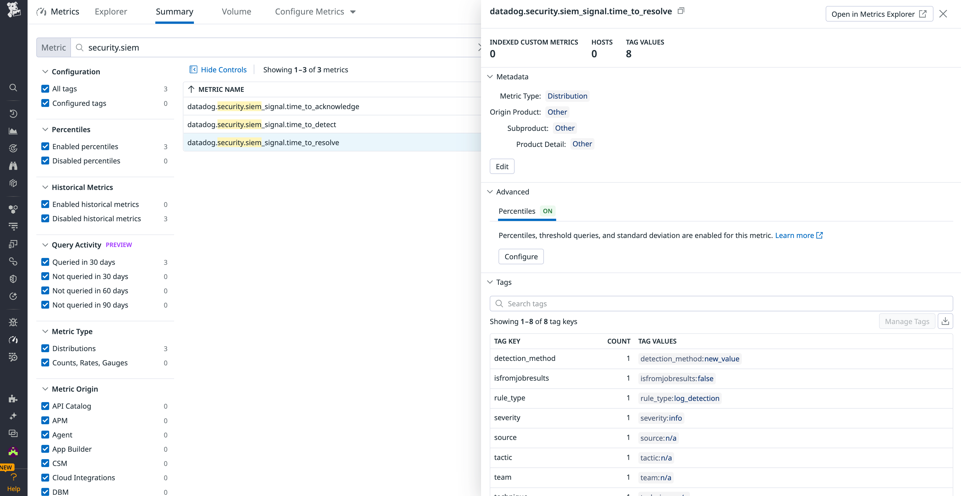 Security operational metrics in Metrics Summary