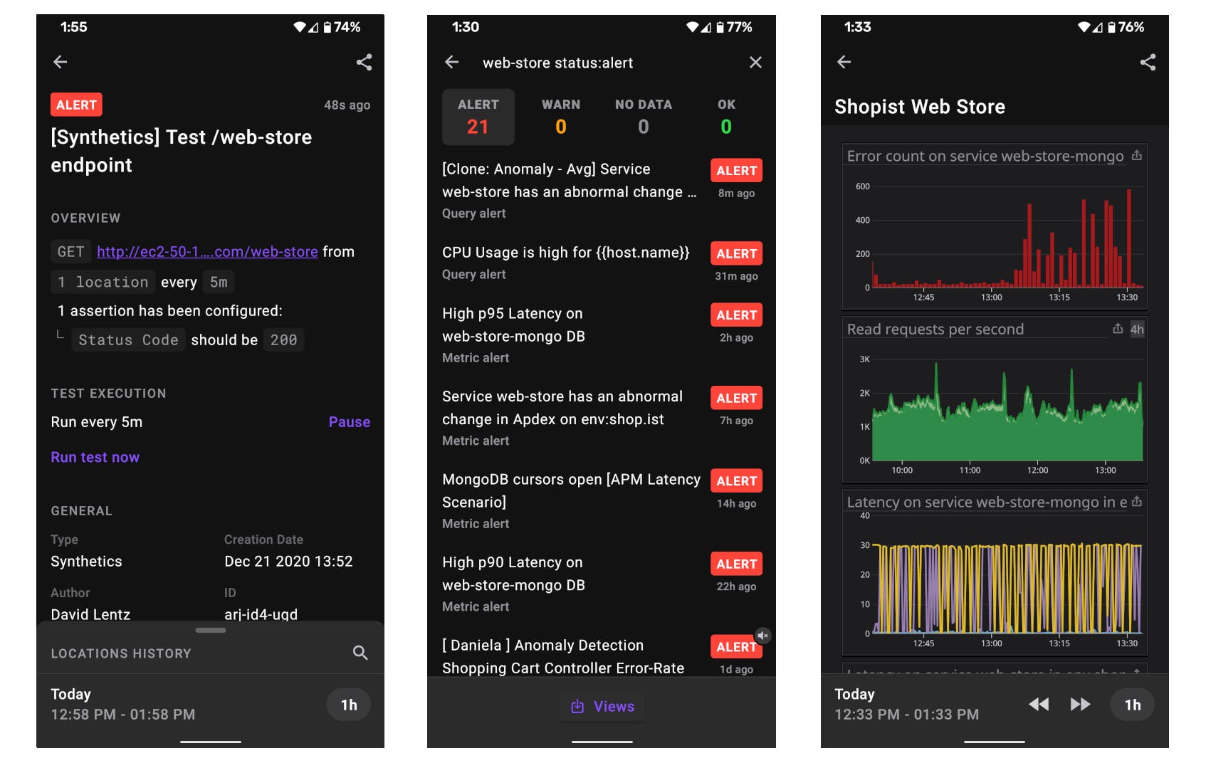 A screenshot of the mobile app shows the details of the alert that triggered the webhook, a list of similar web store alerts, and a web store dashboard. A screenshot of the mobile app shows the details of the alert that triggered the webhook, a list of similar web store alerts, and a web store dashboard.