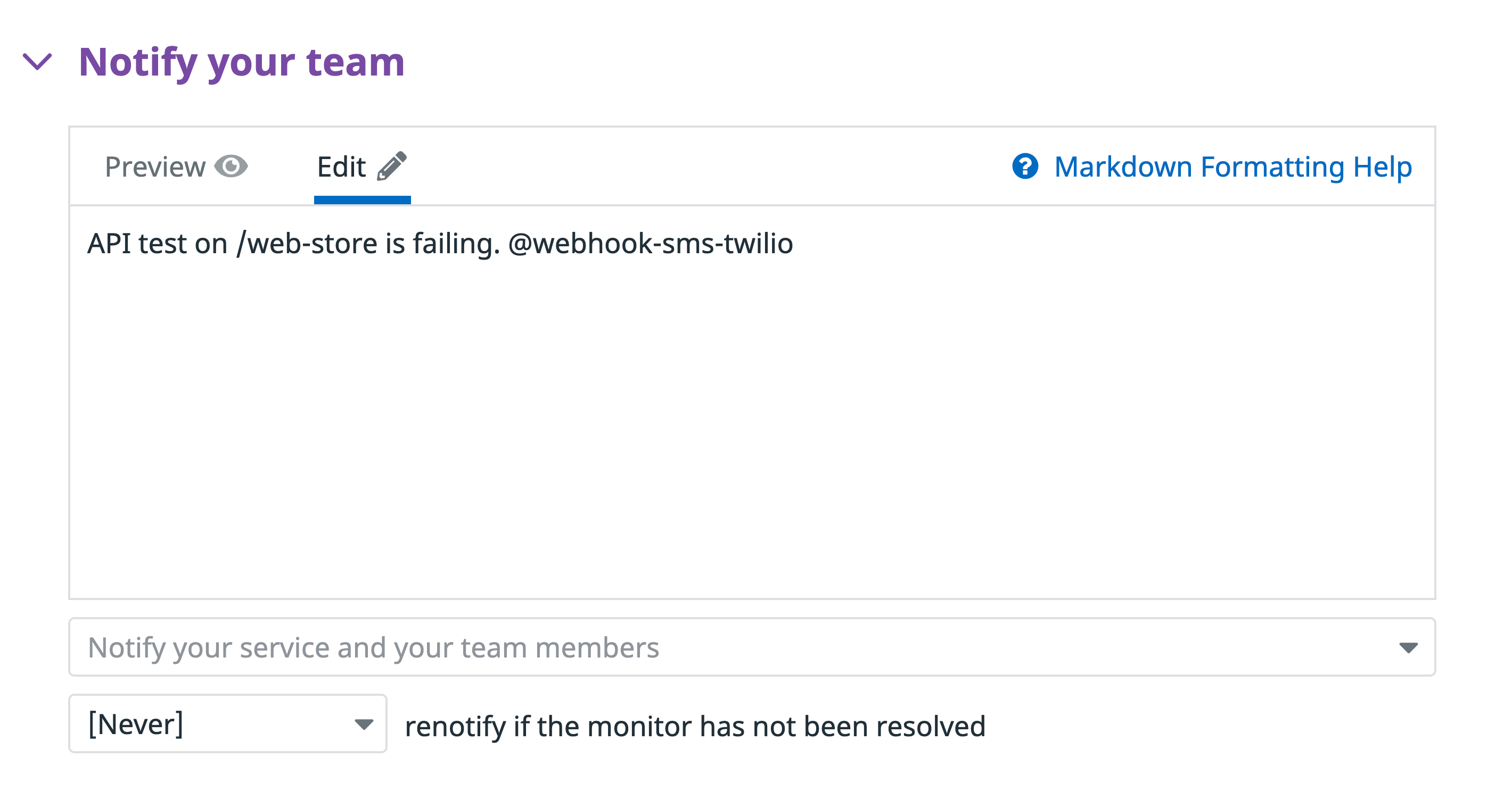 The notify your team field shows the notification text, including a mention of the webhook.
