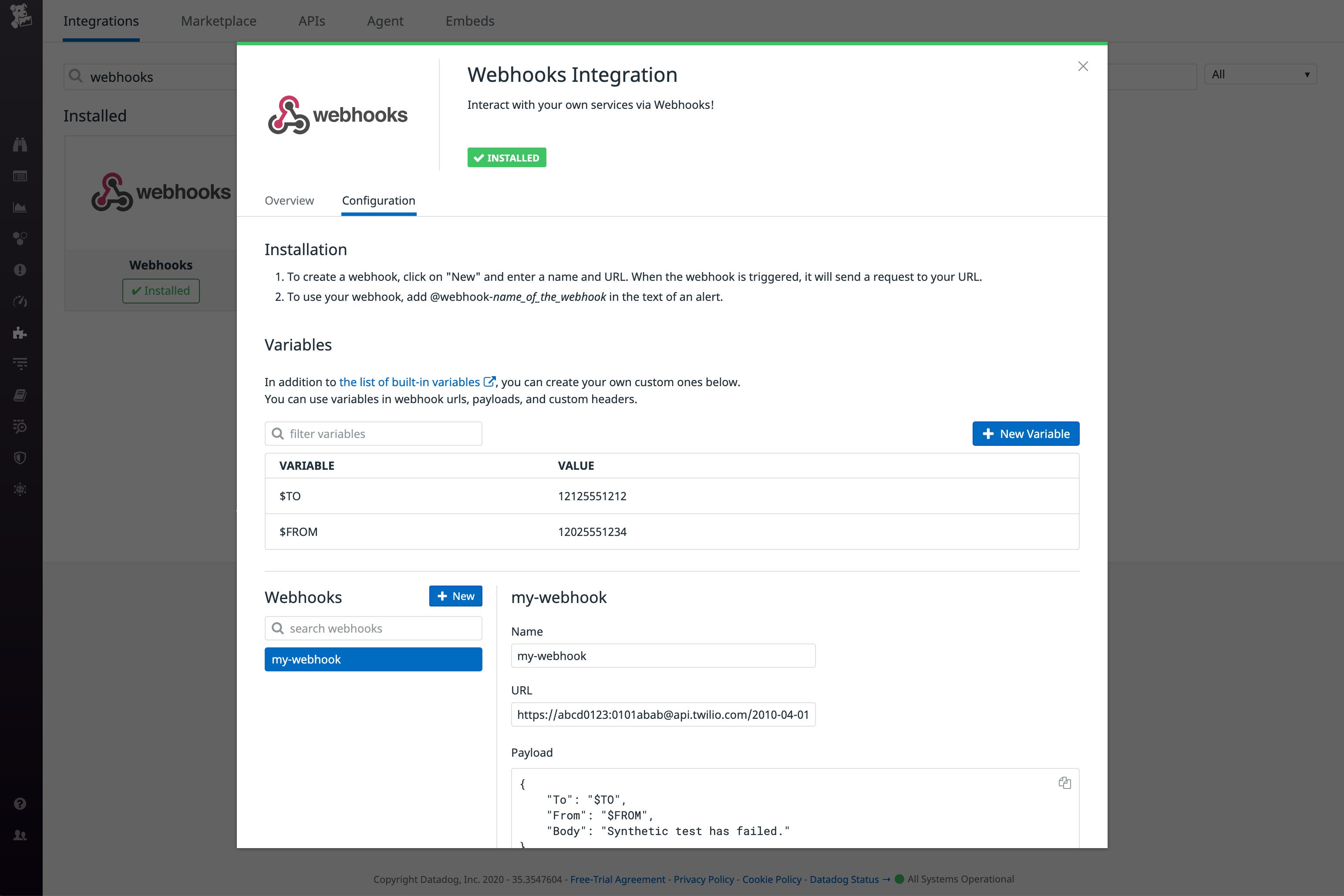 The webhooks integration tile contains fields to create custom variables, plus the name, URL, and payload of the webhook. The webhooks integration tile contains fields to create custom variables, plus the name, URL, and payload of the webhook.