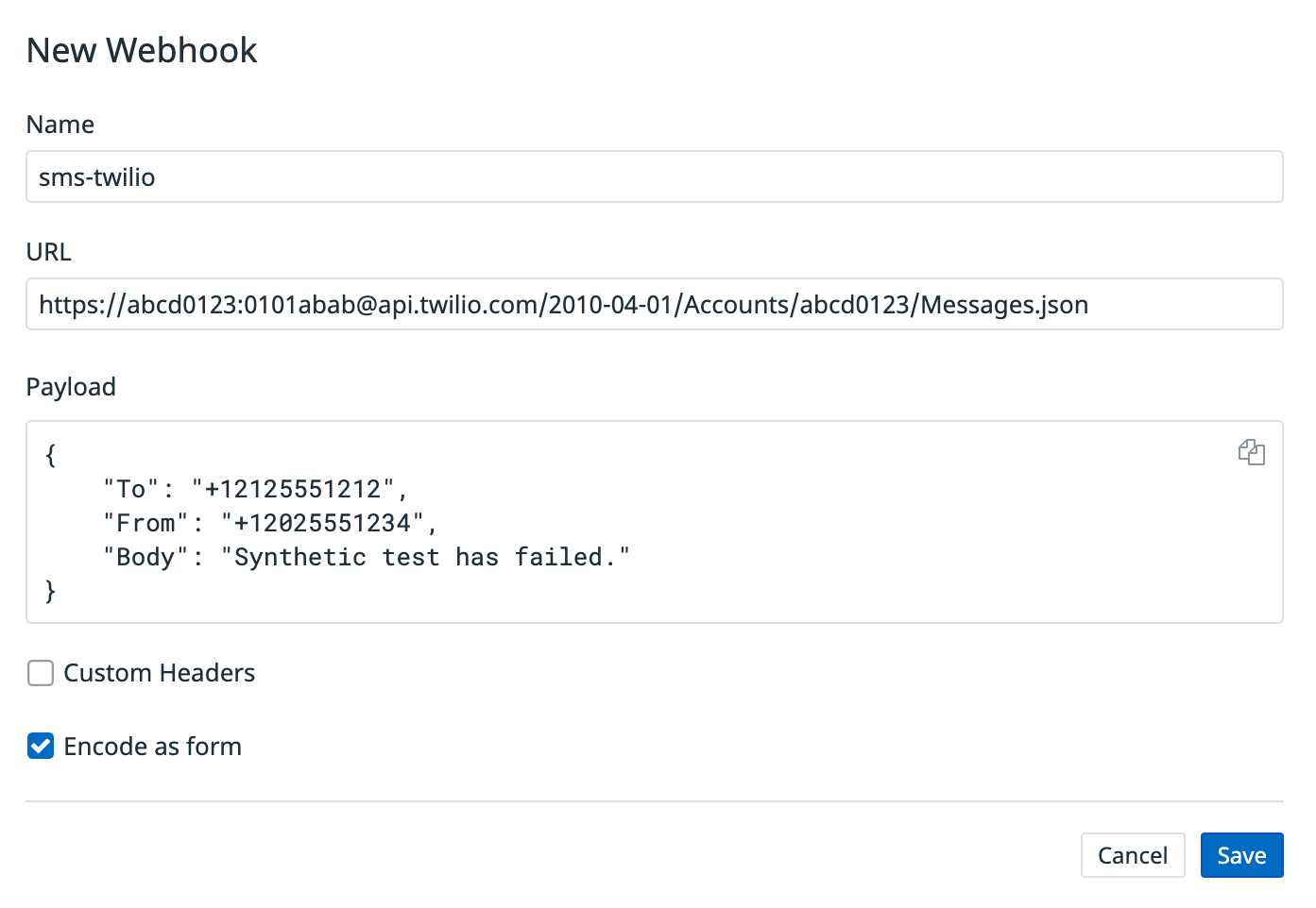 The new webhook form contains name, URL, and payload fields.