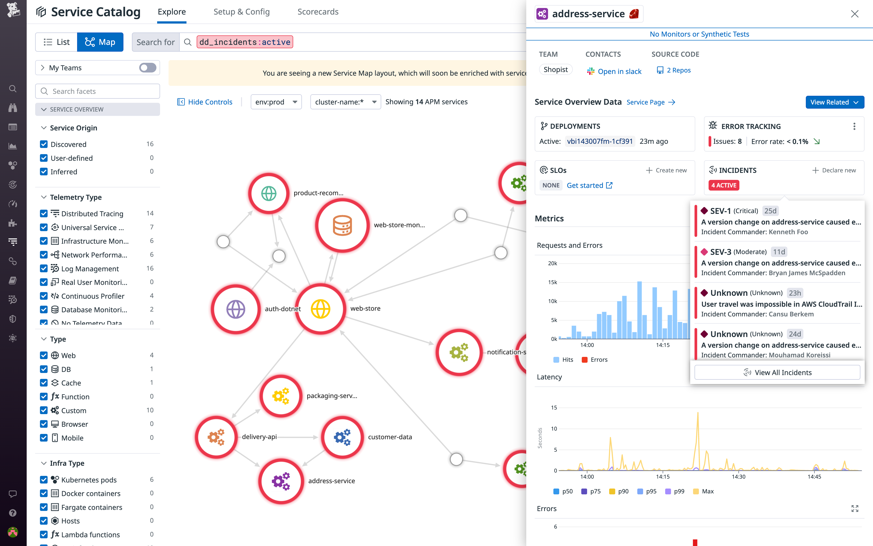 Select any node in the Service Map to open a side panel with key Service Page data on incidents and more.