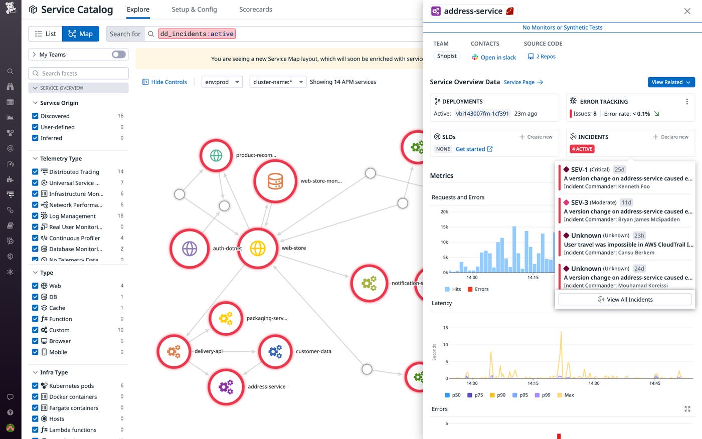 Select any node in the Service Map to open a side panel with key Service Page data on incidents and more. Select any node in the Service Map to open a side panel with key Service Page data on incidents and more.