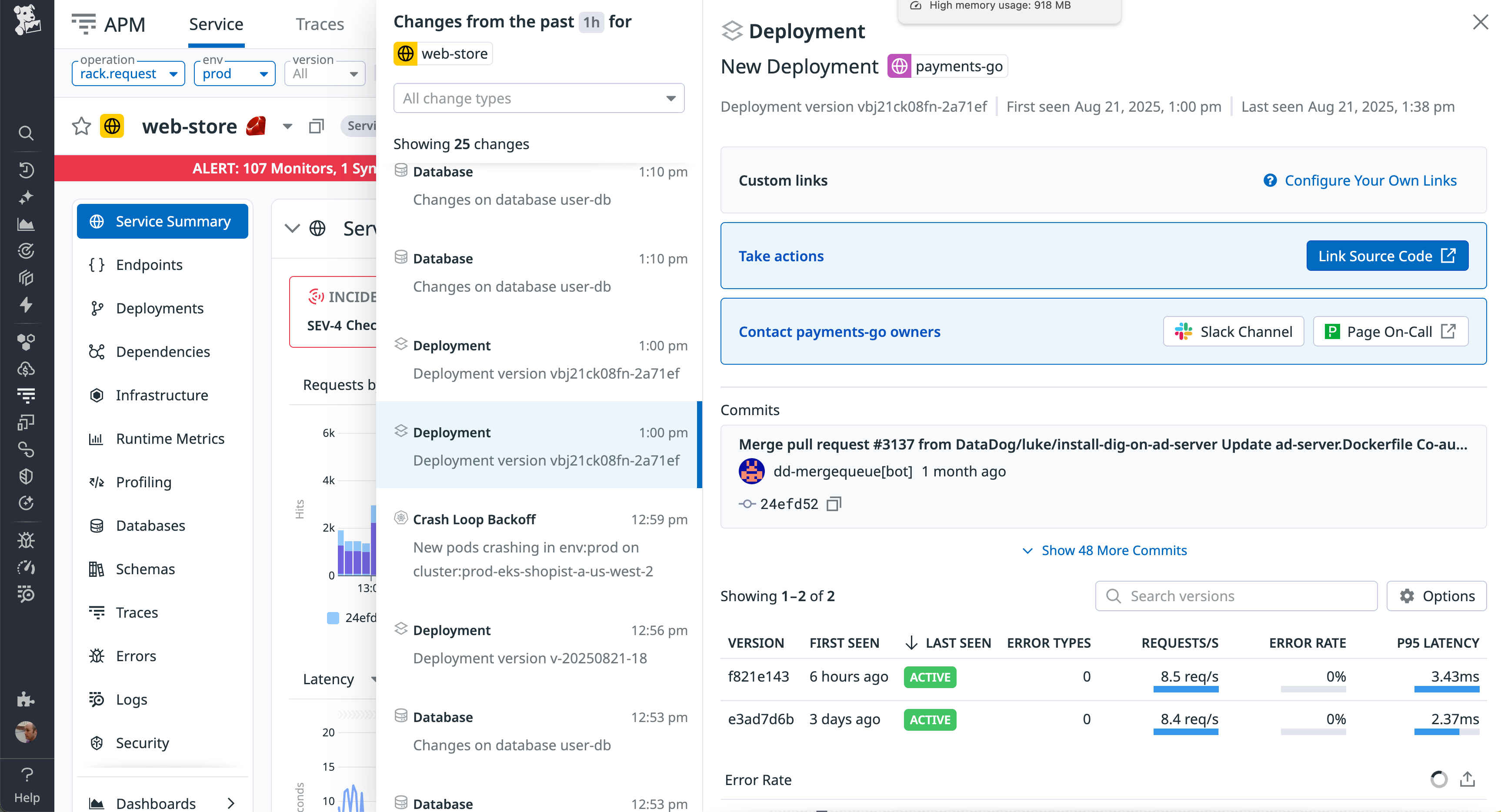 Screenshot showing deployment details for the 'web-store' service. Left sidebar lists service monitoring sections like Endpoints, Deployments, and Dependencies. Center column displays recent activity including database changes, crash loop alerts, and deployments. Right column highlights a new 'payments-go' deployment with commit history, links to source code, on-call contacts, and performance stats.