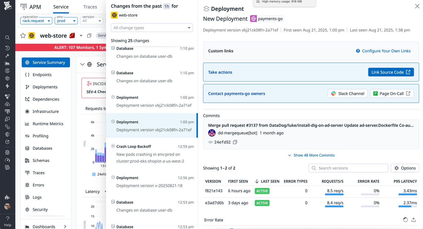 Screenshot showing deployment details for the 'web-store' service. Left sidebar lists service monitoring sections like Endpoints, Deployments, and Dependencies. Center column displays recent activity including database changes, crash loop alerts, and deployments. Right column highlights a new 'payments-go' deployment with commit history, links to source code, on-call contacts, and performance stats. Screenshot showing deployment details for the 'web-store' service. Left sidebar lists service monitoring sections like Endpoints, Deployments, and Dependencies. Center column displays recent activity including database changes, crash loop alerts, and deployments. Right column highlights a new 'payments-go' deployment with commit history, links to source code, on-call contacts, and performance stats.