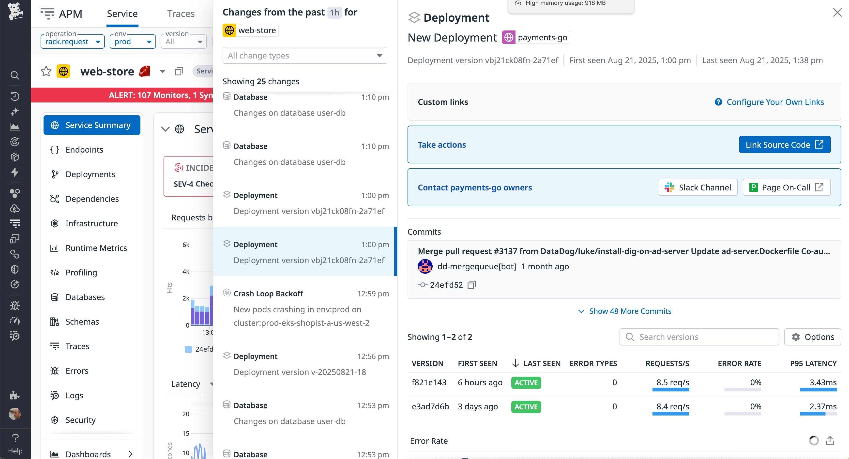 Screenshot showing deployment details for the 'web-store' service. Left sidebar lists service monitoring sections like Endpoints, Deployments, and Dependencies. Center column displays recent activity including database changes, crash loop alerts, and deployments. Right column highlights a new 'payments-go' deployment with commit history, links to source code, on-call contacts, and performance stats. Screenshot showing deployment details for the 'web-store' service. Left sidebar lists service monitoring sections like Endpoints, Deployments, and Dependencies. Center column displays recent activity including database changes, crash loop alerts, and deployments. Right column highlights a new 'payments-go' deployment with commit history, links to source code, on-call contacts, and performance stats.