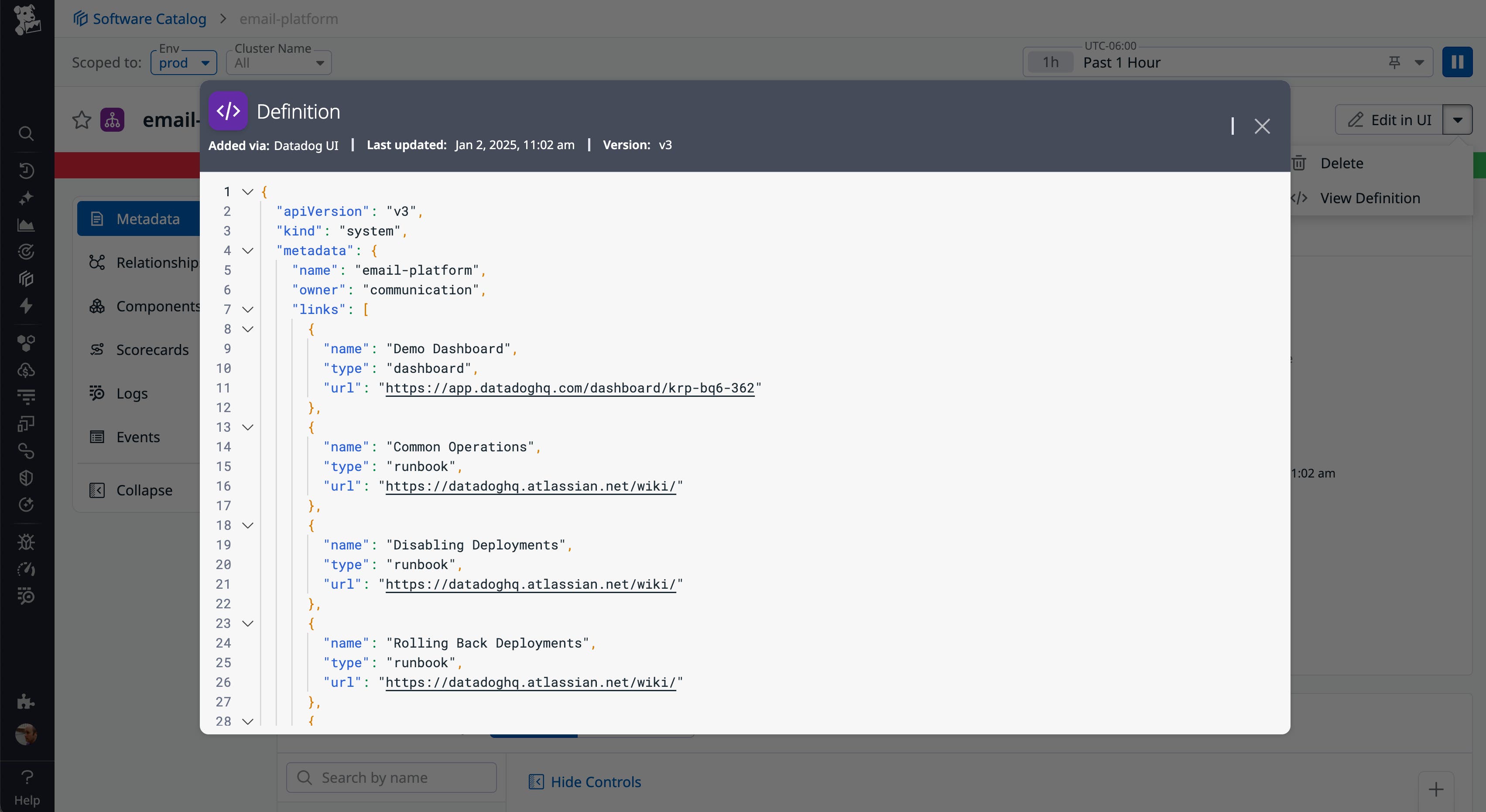 Screenshot of the Datadog UI showing the service definition for 'email-platform.' The code editor panel highlights ownership by 'communication' and includes linked resources: a demo dashboard in Datadog and multiple runbooks in a wiki for operations and deployment management. Screenshot of the Datadog UI showing the service definition for 'email-platform.' The code editor panel highlights ownership by 'communication' and includes linked resources: a demo dashboard in Datadog and multiple runbooks in a wiki for operations and deployment management.