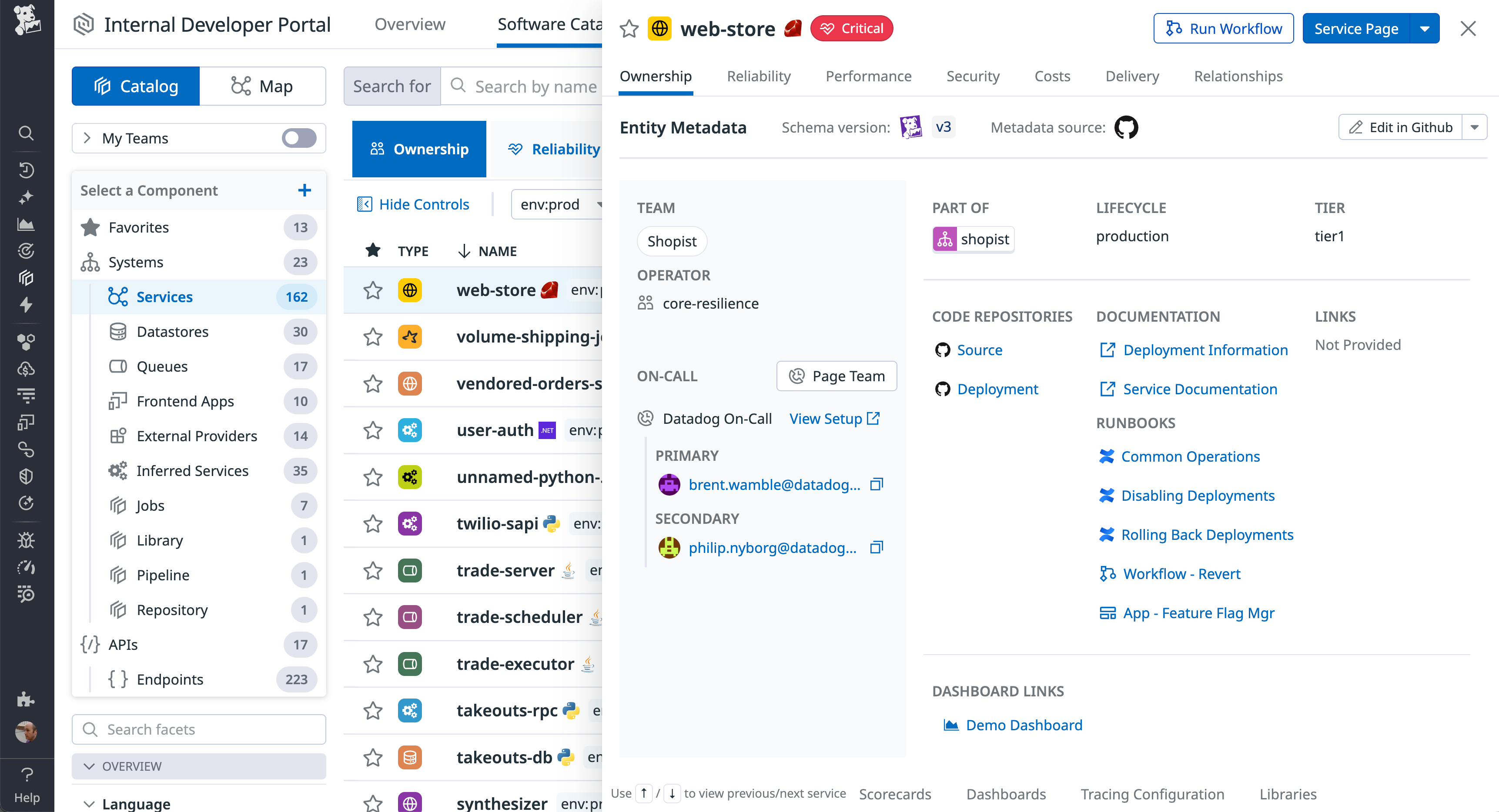Datadog Software Catalog view for the 'web-store' service marked Critical. The left panel lists services including 'volume-shipping-job' and 'user-auth.' The right-side metadata panel shows team ownership (Shopist), operator (core-resilience), linked code repositories, documentation links, and runbooks.