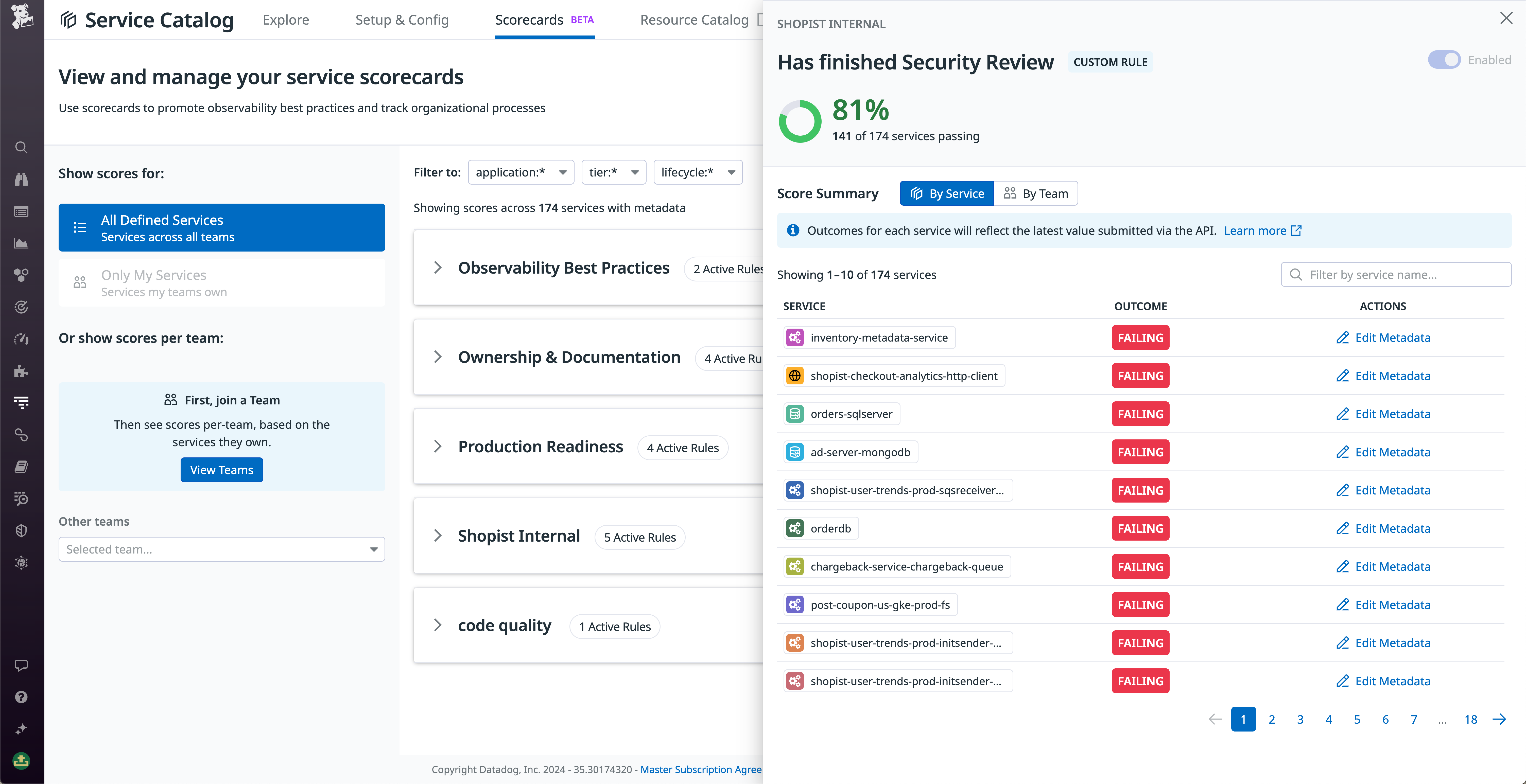 Shows Datadog Software Catalog's custom scorecards feature, with a scorecard to evaluate a service's security posture.